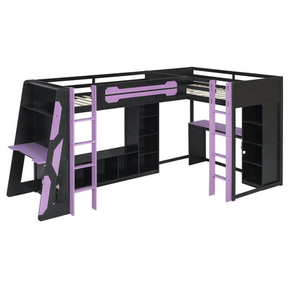 L-Shaped Wooden twin Size Gaming Bed Frame with RGB LED Lights, Dual twin Beds, USB Ports, TV Stand & Storage Shelves, Reversible Layout, Space-Saving Wood Loft Bed for Teens & Adults-Purple image 10