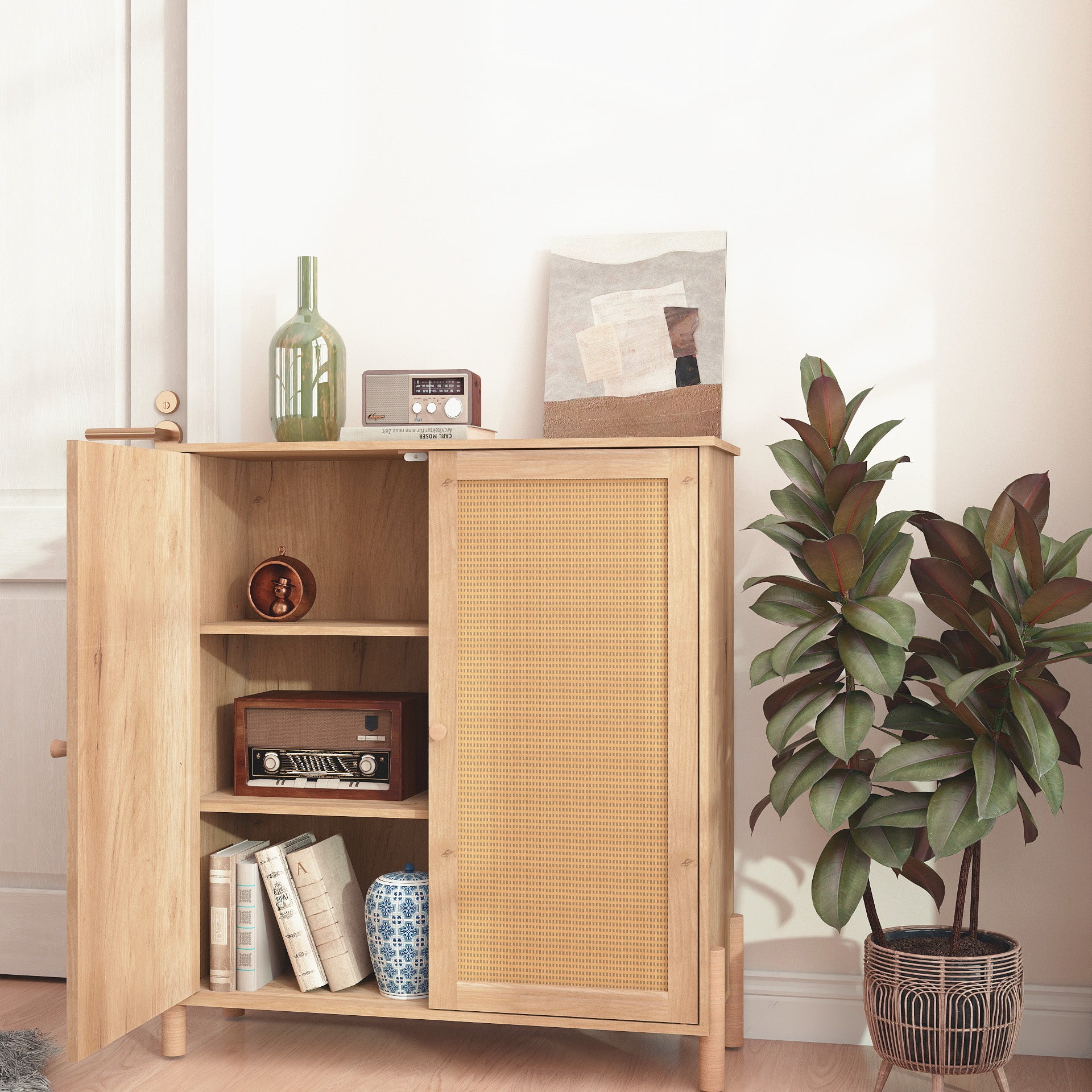 Mid-Century Modern Storage Cabinet with Woven Rattan Doors & Adjustable Shelves - Perfect for Living Room & Dining Room image 10