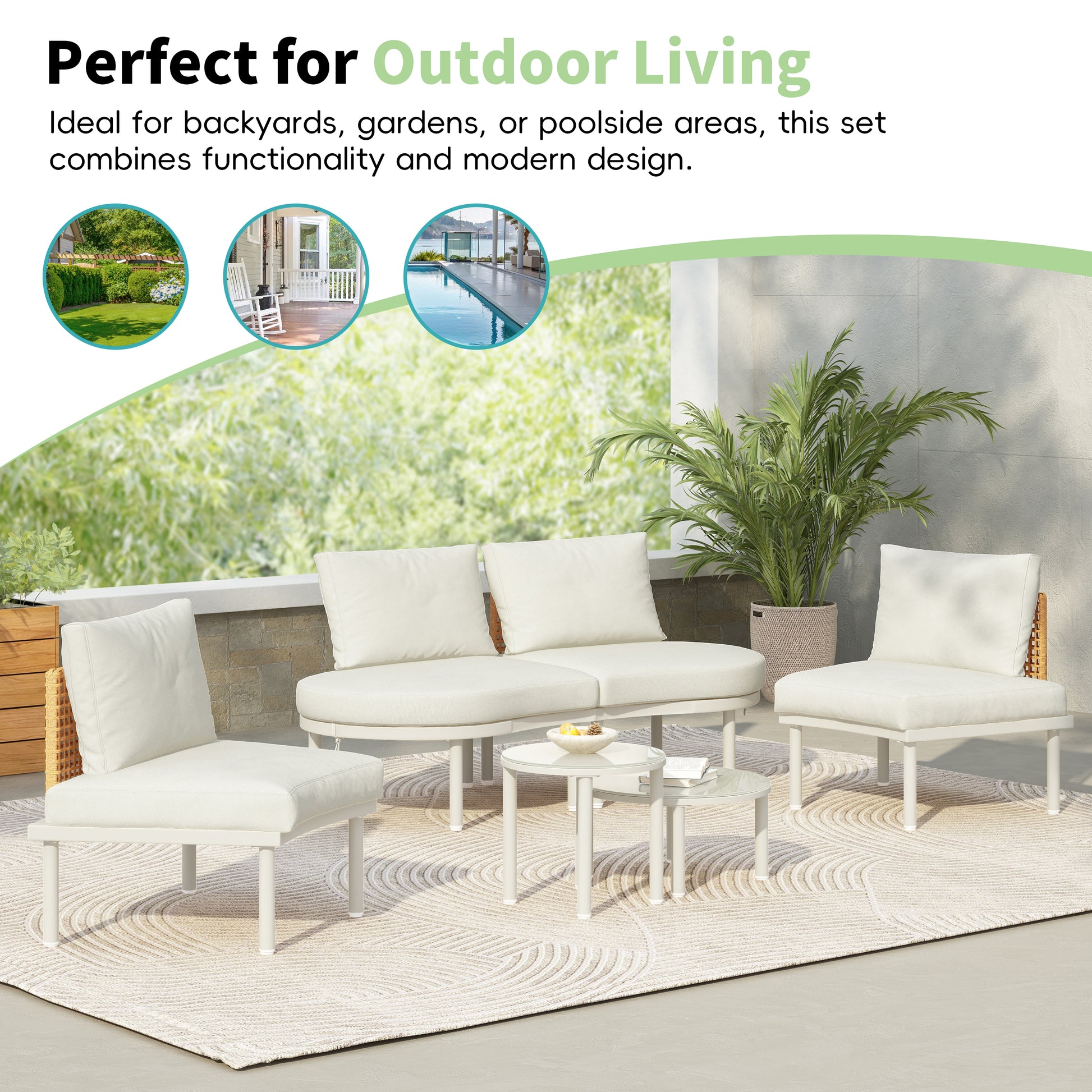 TOPMAX 6-Piece Patio Sofa Furniture Set, Half Moon Outdoor Sectional Sofa with 2 High-Low Coffee Tables, PE Wicker Rattan, Tempered Glass, 4 Pillows & Cushions, for Backyard, Garden, Poolside,Beige image 5