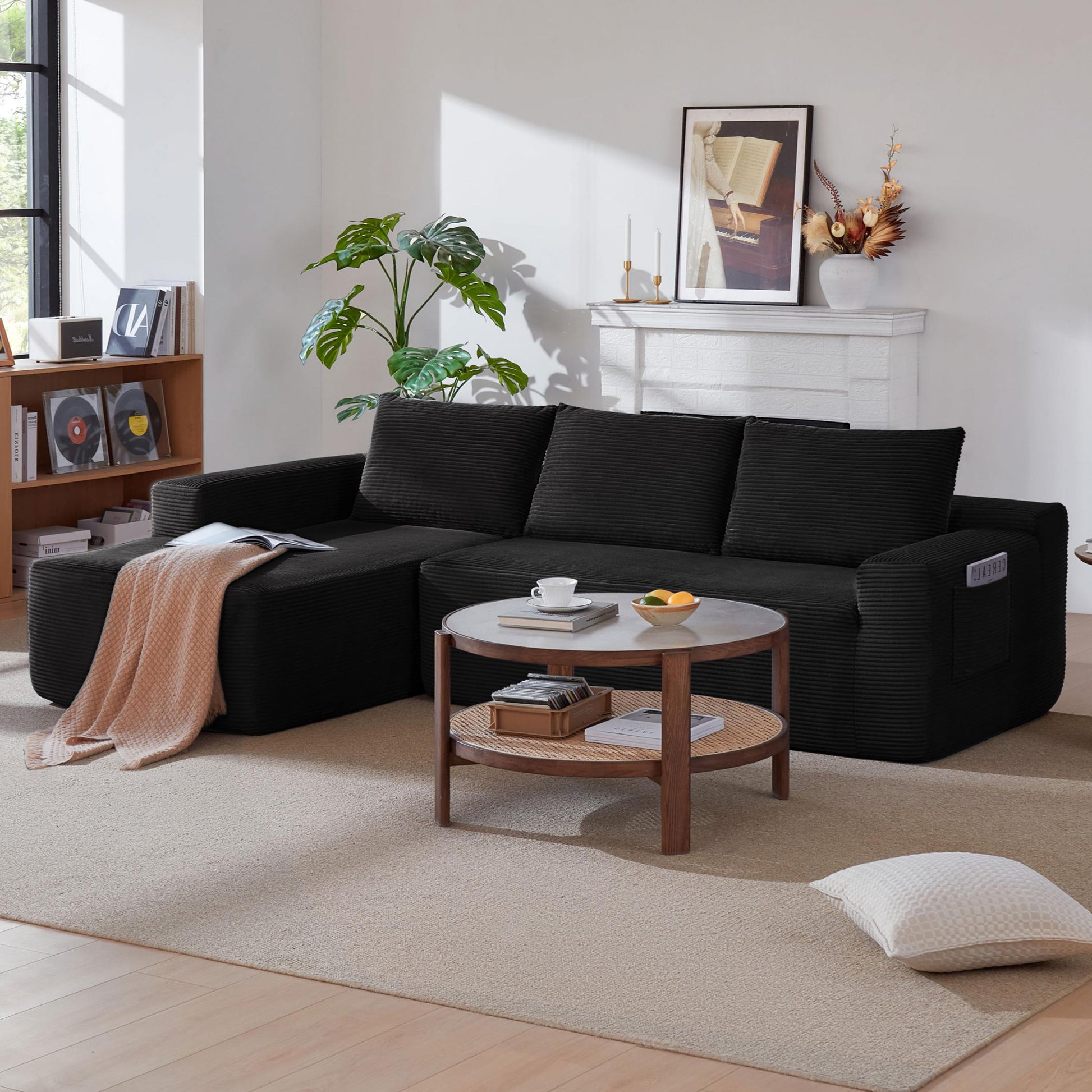 NEW-96.9" Cloud Sectional Couch with L-Shape Chaise,Modern Modular Sofa with Deep Seat, Upholstered Couches for Living Room Bedroom,No Assembly Required, (Corduroy Fabric),Black image 1