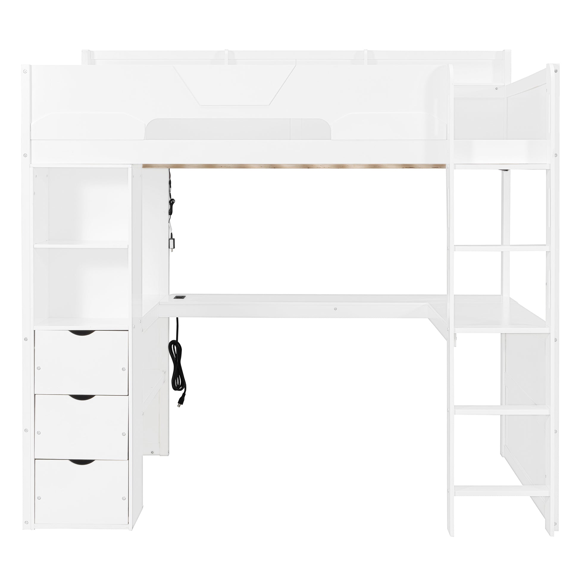 Full Size Wooden Gaming Loft Bed with U-Shaped Desk, Smart RGB LED Lights and USB Ports, Multi-Functional High Sleeper with 3 Drawers and Storage Shelves for Teens Adults, White image 4