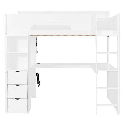 Full Size Wooden Gaming Loft Bed with U-Shaped Desk, Smart RGB LED Lights and USB Ports, Multi-Functional High Sleeper with 3 Drawers and Storage Shelves for Teens Adults, White image 4