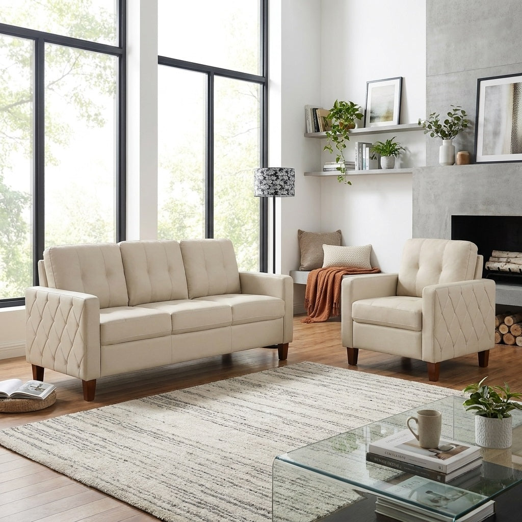 Piped Trim Square Arm Button Tufted Upholstered Accent Chair, Polyester Fabric Single Sofa Chair for Living Room image 11