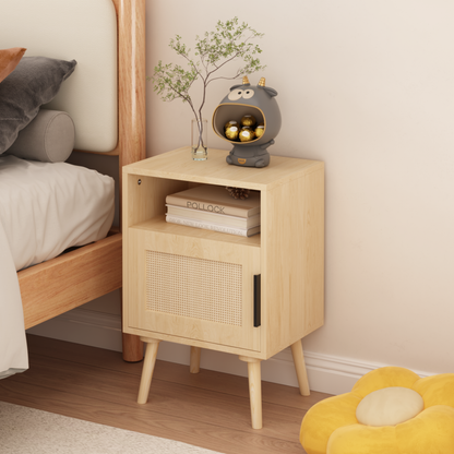 22.83'' H Rattan Nightstand, Side Table with Door Open Shelf, Accent Bedside End Table with Solid Wood Legs for Bedroom, Dorm and Small Spaces, Oak image 12