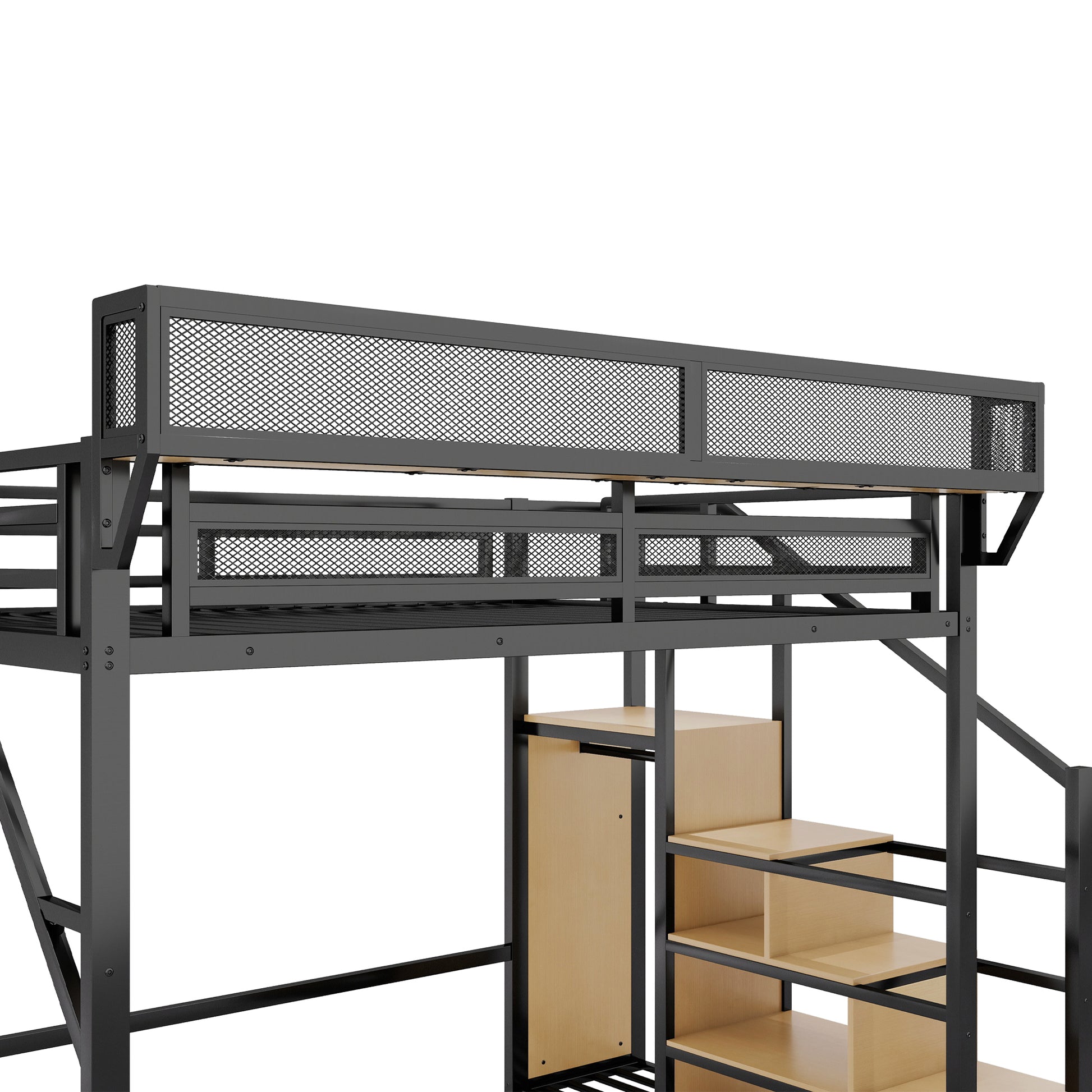 Queen Size Loft Bed with Stairs, Metal Queen Loft Bed with Storage Shelves, High Loft Bed with Wardrobe for Kids Teens Adults, Black(Old SKU W2580S00028) Patent Products image 9