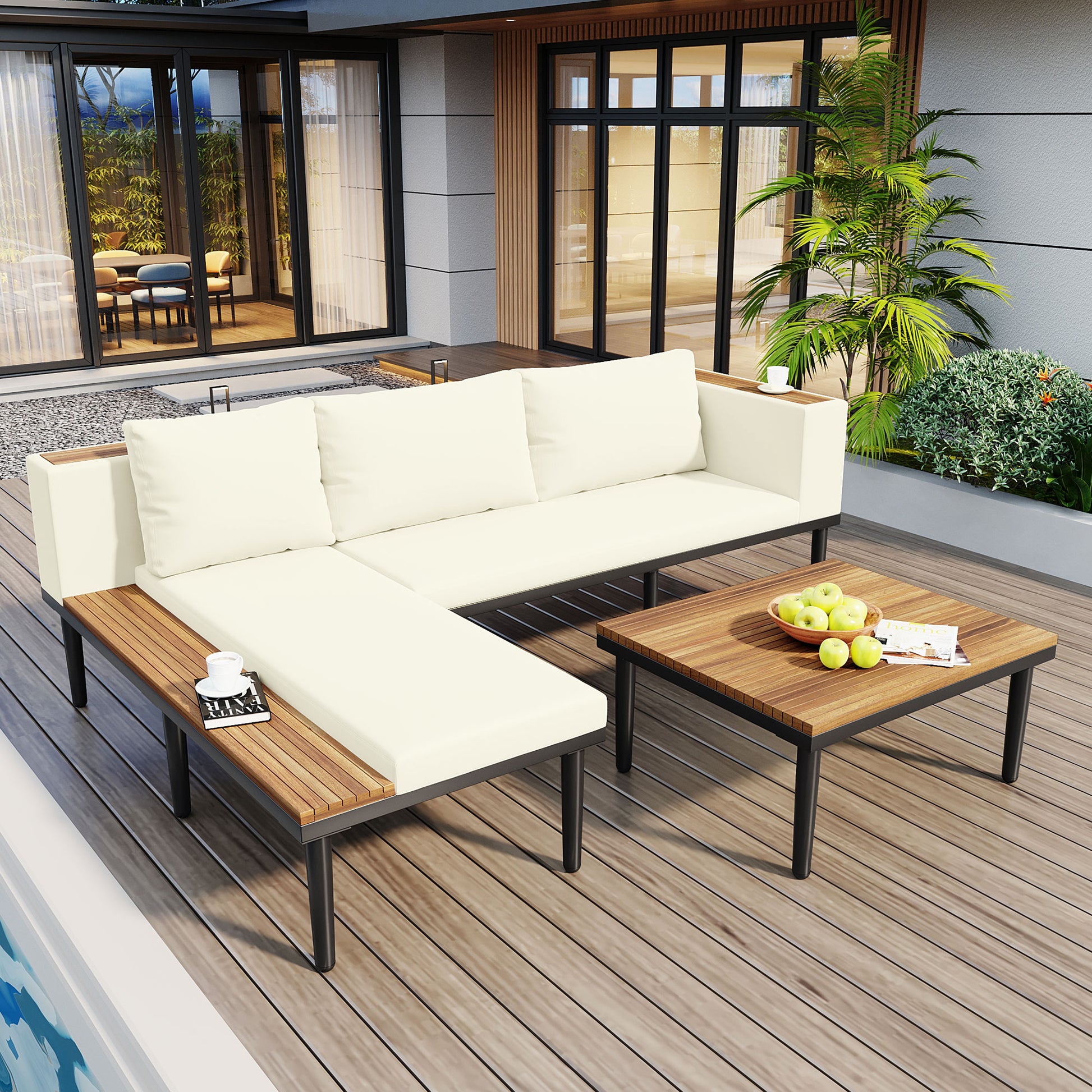 <Old SKU: N704G201251A>Luxury Patio Furniture Set with Removable Cushions and Coffee Table, L-Shaped Acacia Wood Sofa with Side table, Outdoor Conversation Sectional Sofa for Backyard, Porch, Beige image 2