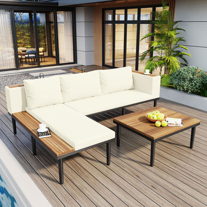 <Old SKU: N704G201251A>Luxury Patio Furniture Set with Removable Cushions and Coffee Table, L-Shaped Acacia Wood Sofa with Side table, Outdoor Conversation Sectional Sofa for Backyard, Porch, Beige image 2