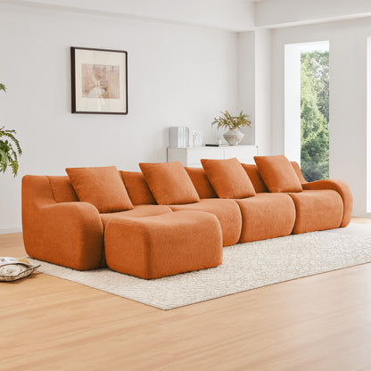 L-Shaped 4-Seat Boneless Sofa,Teddy Fabric No Assembly Required Curved Armrest,Anti-slip Design, Assembly Chaise,32D High Density Sponge Full Compression Vacuum Packag,For Studies living Rooms,Orange image 1