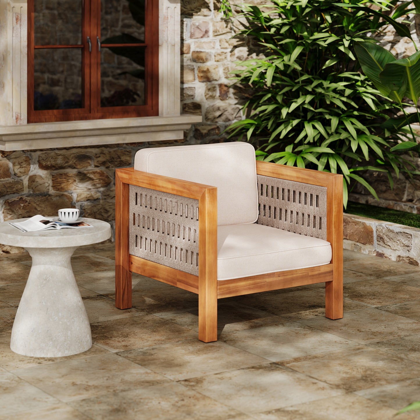 Acacia Wood Outdoor Club Chair with Beige Rope Arm and Beige Cushions,400 lbs Capacity image 1