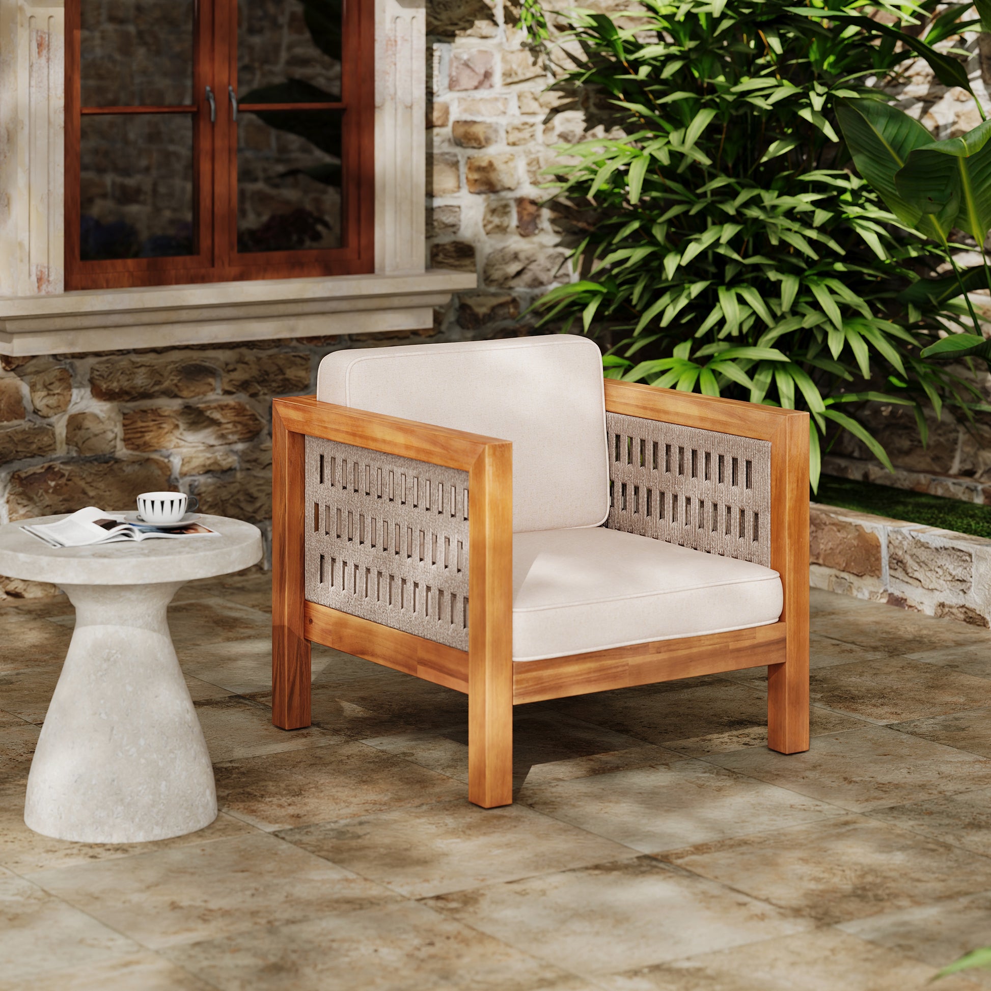 Acacia Wood Outdoor Club Chair with Beige Rope Arm and Beige Cushions,400 lbs Capacity image 1