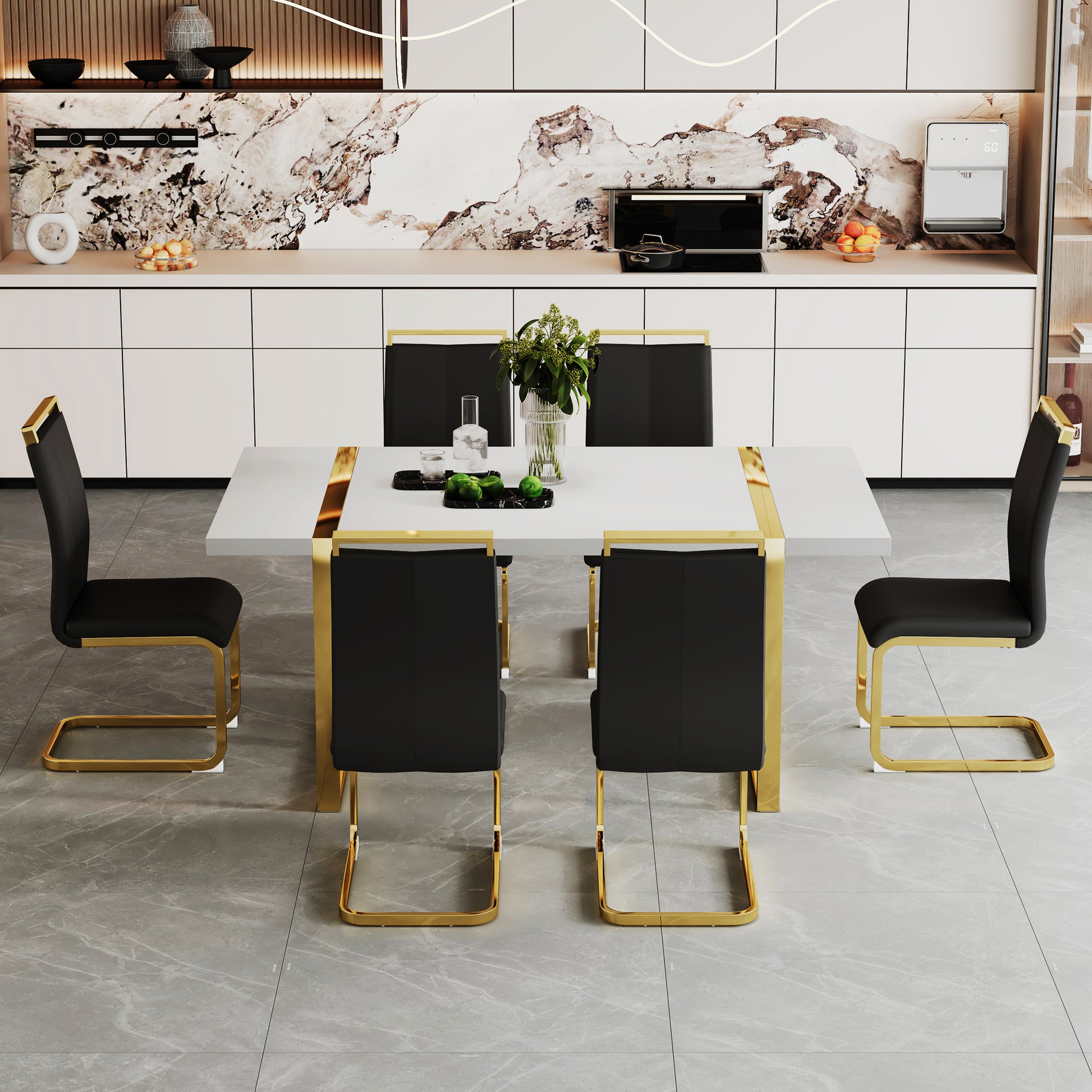 Industrial rectangular MDF material white dining table, equipped with a 2.3-inch thick tabletop and golden metal legs, used for writing desks, restaurants, and living rooms71"*39.3"*30" image 12