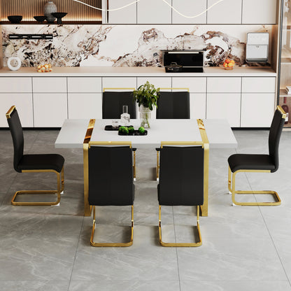 Industrial rectangular MDF material white dining table, equipped with a 2.3-inch thick tabletop and golden metal legs, used for writing desks, restaurants, and living rooms71"*39.3"*30" image 12