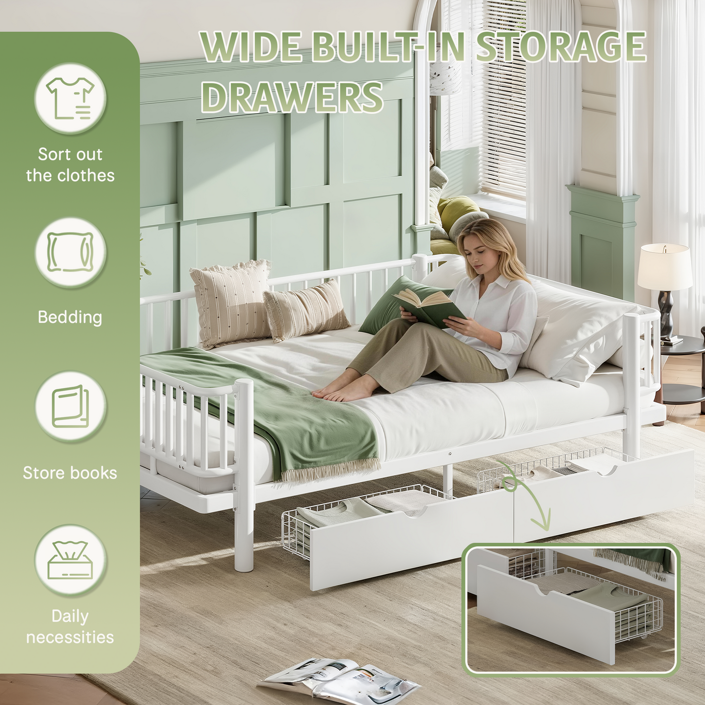 Queen Size Platform Bed with Storage Drawers, Metal Daybed Frame with Upgraded Safety Round-Pipe Design, Low Profile Design, White image 8