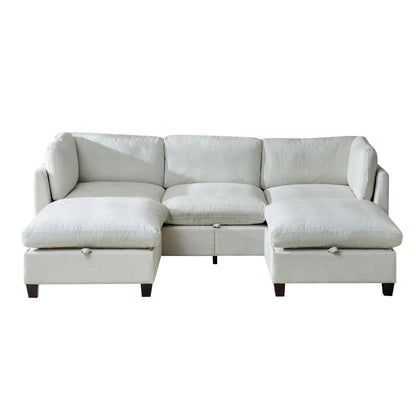 96.5" Sectional Couch for Living room, Upholstered Soft Chenille Fabric Sofa with Storage, 3-Seater with Two Ottomans U Shape Sofa Beige image 10