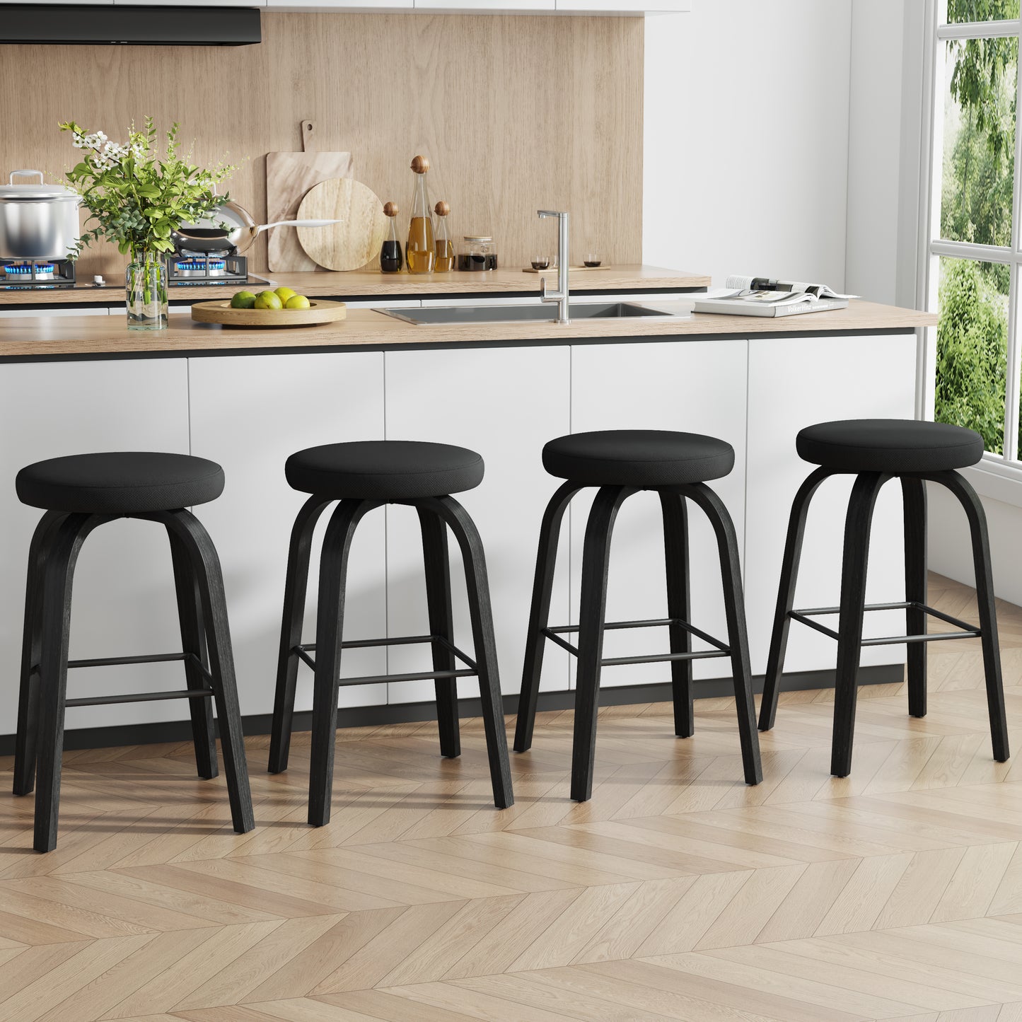 Swivel Bar Stools Set of 2, Bar Height Backless 30″ Bar Stool, Fabric Upholstered Seat, Sturdy Wood Legs and Metal Footrest, Mid-Century Modern Island Stools for Home Bars, Restaurants, All-black image 12