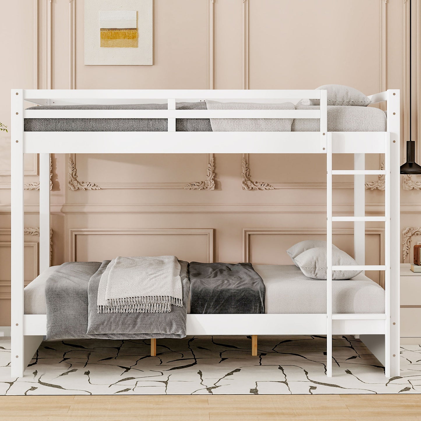 Wood Queen Size Bunk Bed with Ladder, White image 2