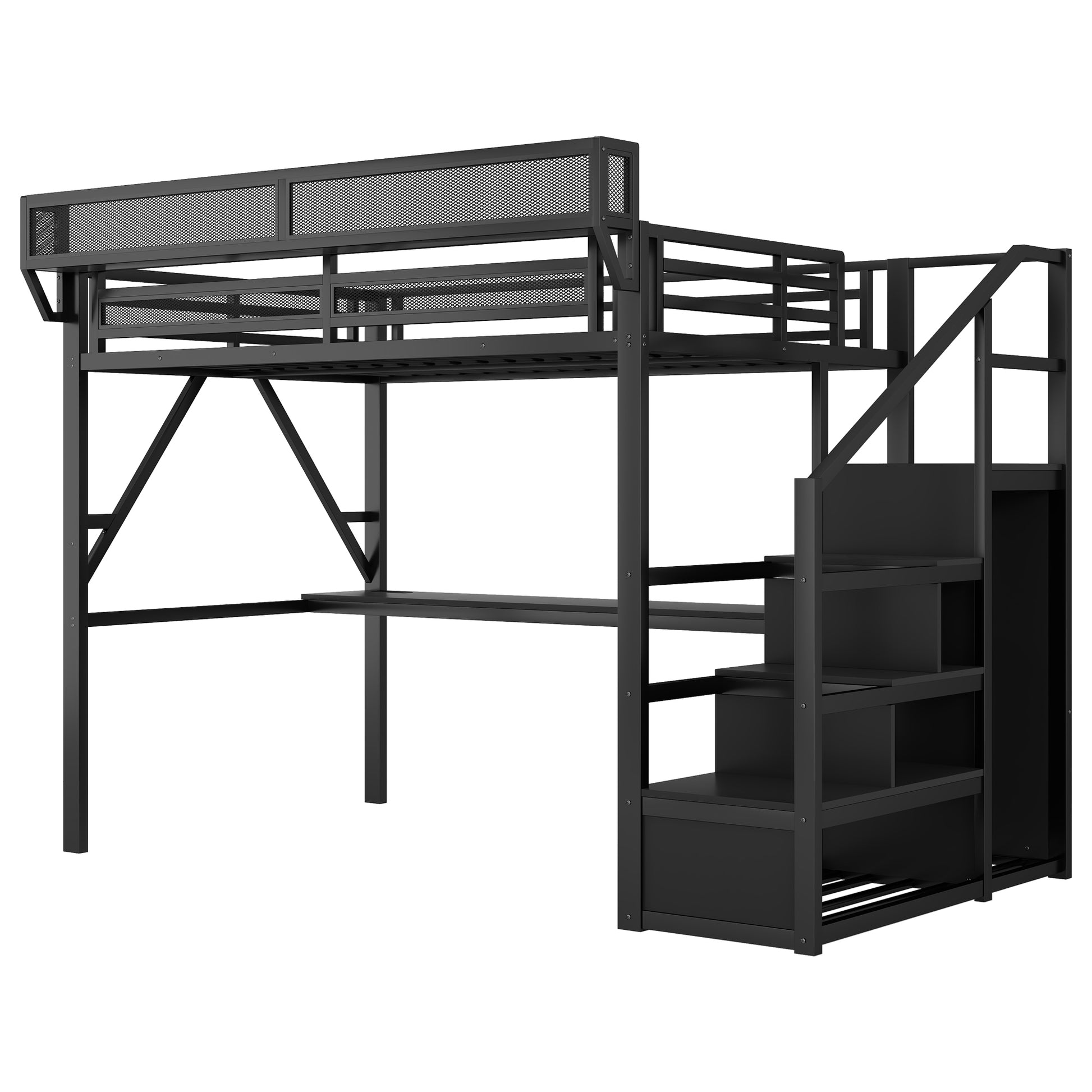 Queen Loft Bed with Desk and Charging Station, Queen Size Metal Loft Bed with Stairs and Light for Kids Teens, Black (Expect Arrival Date 2026/3/25) image 10