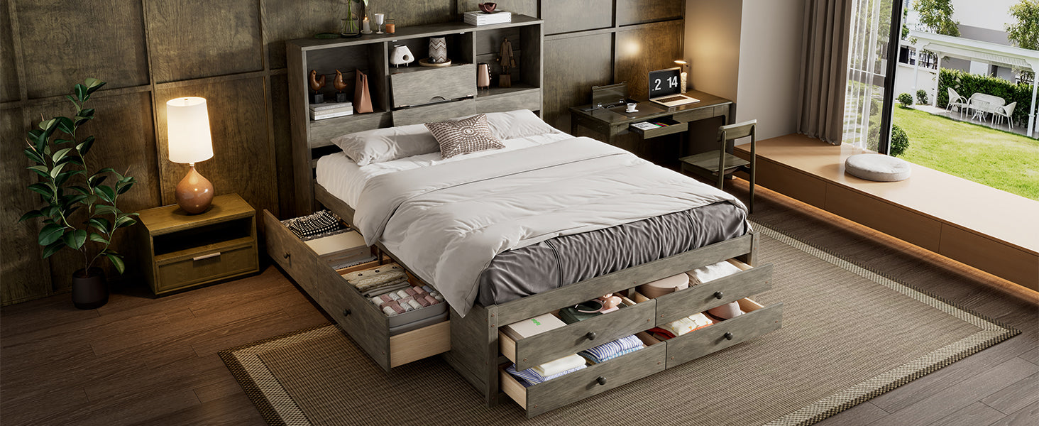 Queen Size Platform Bed with Storage Headboard and 8 Drawers, Gray image 8