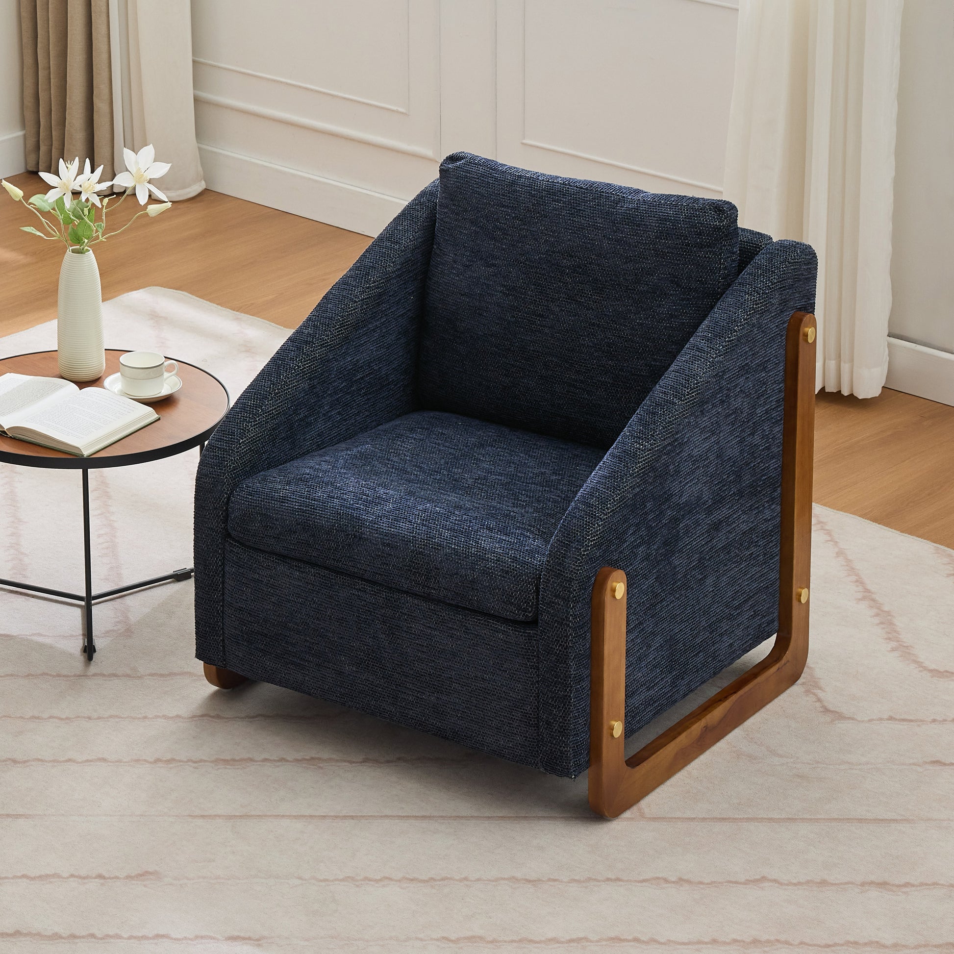 057-Set of 1 Chenille Fabric Modern Upholstered Armchair with Wooden Side Frame, Accent Leisure Chair with Cushioned Seat and Backrest for Living Room, Bedroom,Blue image 1