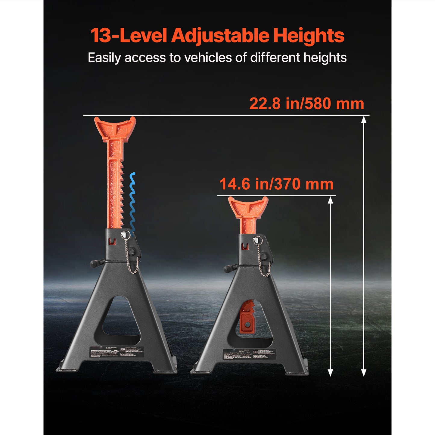 Jack Stands, 6 Ton (13,000 lbs) Capacity, 14.6-22.8 in Adjustable Height, Heavy Duty Steel Jack Auto Stands with Double Locking, for Lifting RV, Small Truck, Car, SUV, 1 Pair, Black and Orange image 5