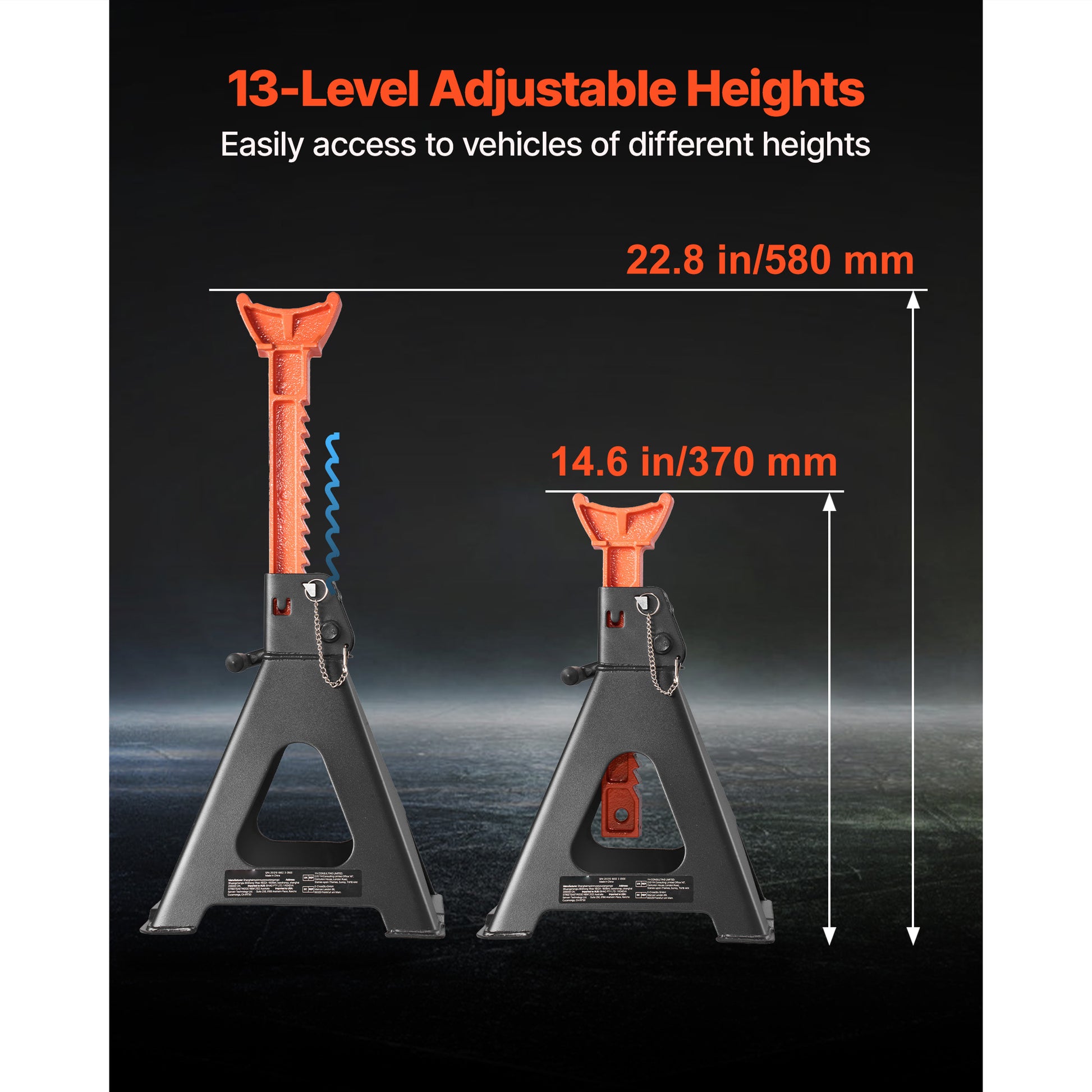Jack Stands, 6 Ton (13,000 lbs) Capacity, 14.6-22.8 in Adjustable Height, Heavy Duty Steel Jack Auto Stands with Double Locking, for Lifting RV, Small Truck, Car, SUV, 1 Pair, Black and Orange image 5