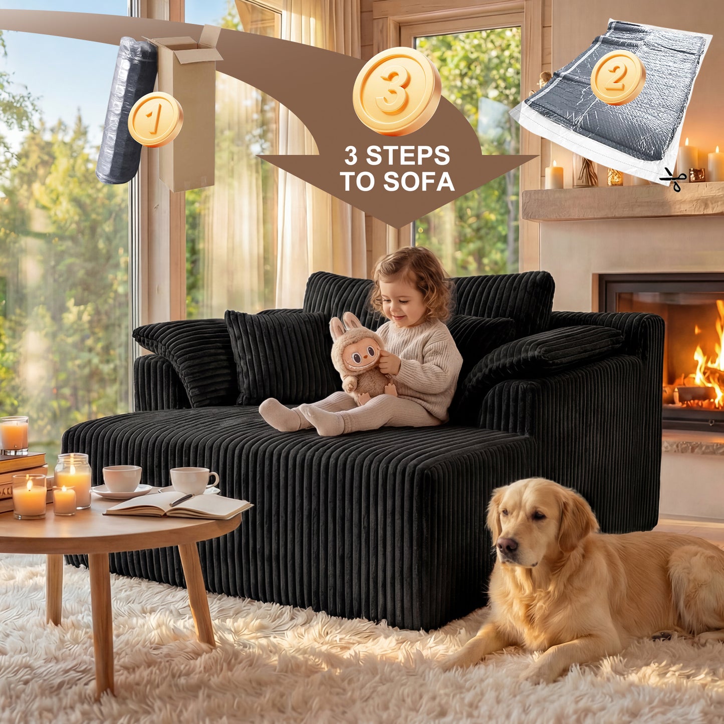 60 Inch Chaise Lounge Chair Indoor, Oversized Corduroy Upholstered Boneless Sofa Bed, Deep Seat Sleeper Couch Reading Chairs, Cloud Sofas Couches for Living Room, No Assembly Required (BLACK image 6