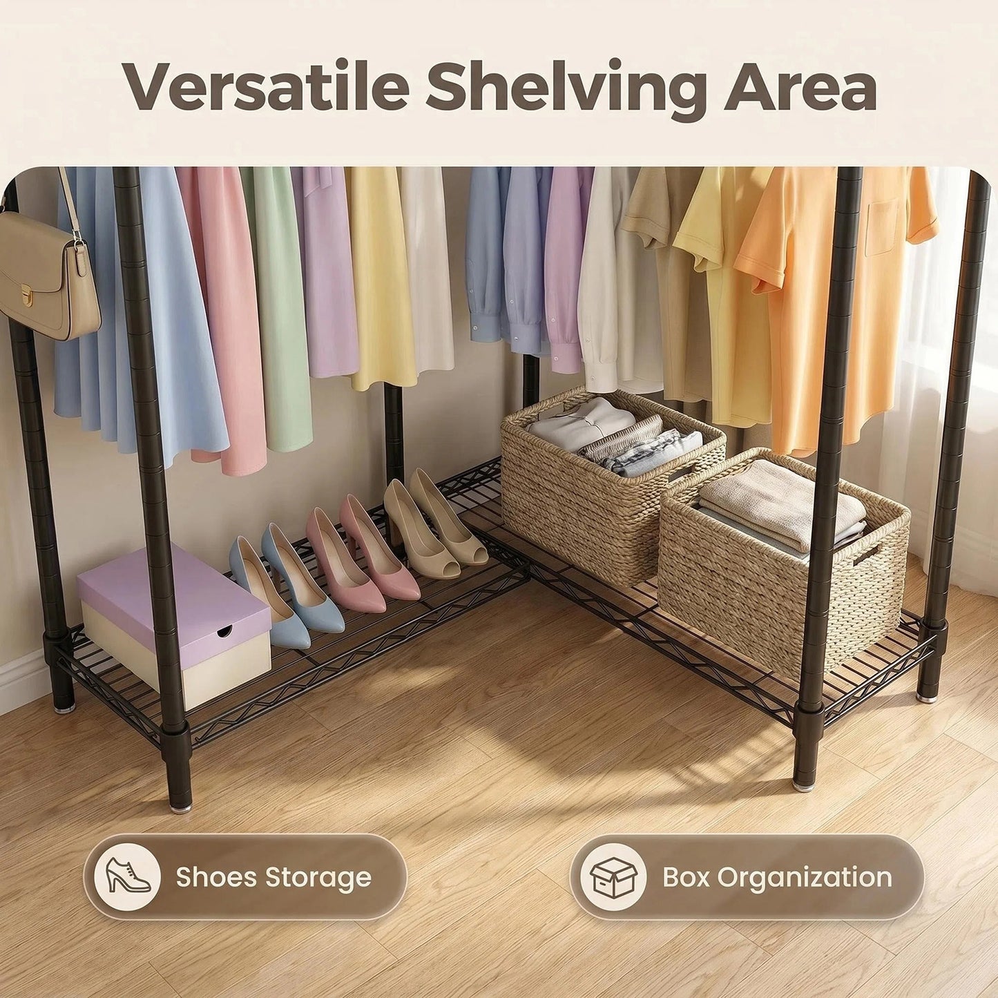 Garment Rack L Shaped Clothes Rack for Corner, Heavy Duty Clothes Rack with 3 Hanging Rods & 2 Side Hooks, Freestanding Clothing Racks for Hanging Clothes, 58.27''Wx 17.13''D*76.38''H, Black image 9