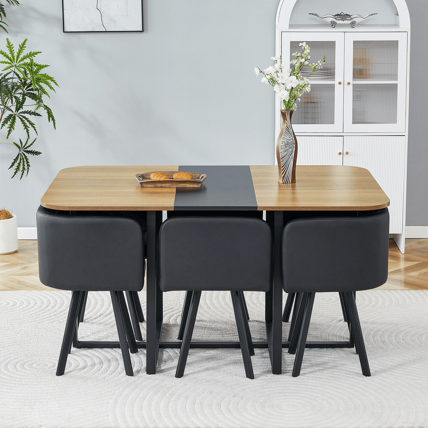 7-Piece Dining Table Set for 6, 1 Table & 6 Black PU Upholstered Chairs, Black & Wood Grain Melamine Table, Modern Kitchen Nook Set for Dining Room, Apartment & Small Space image 2