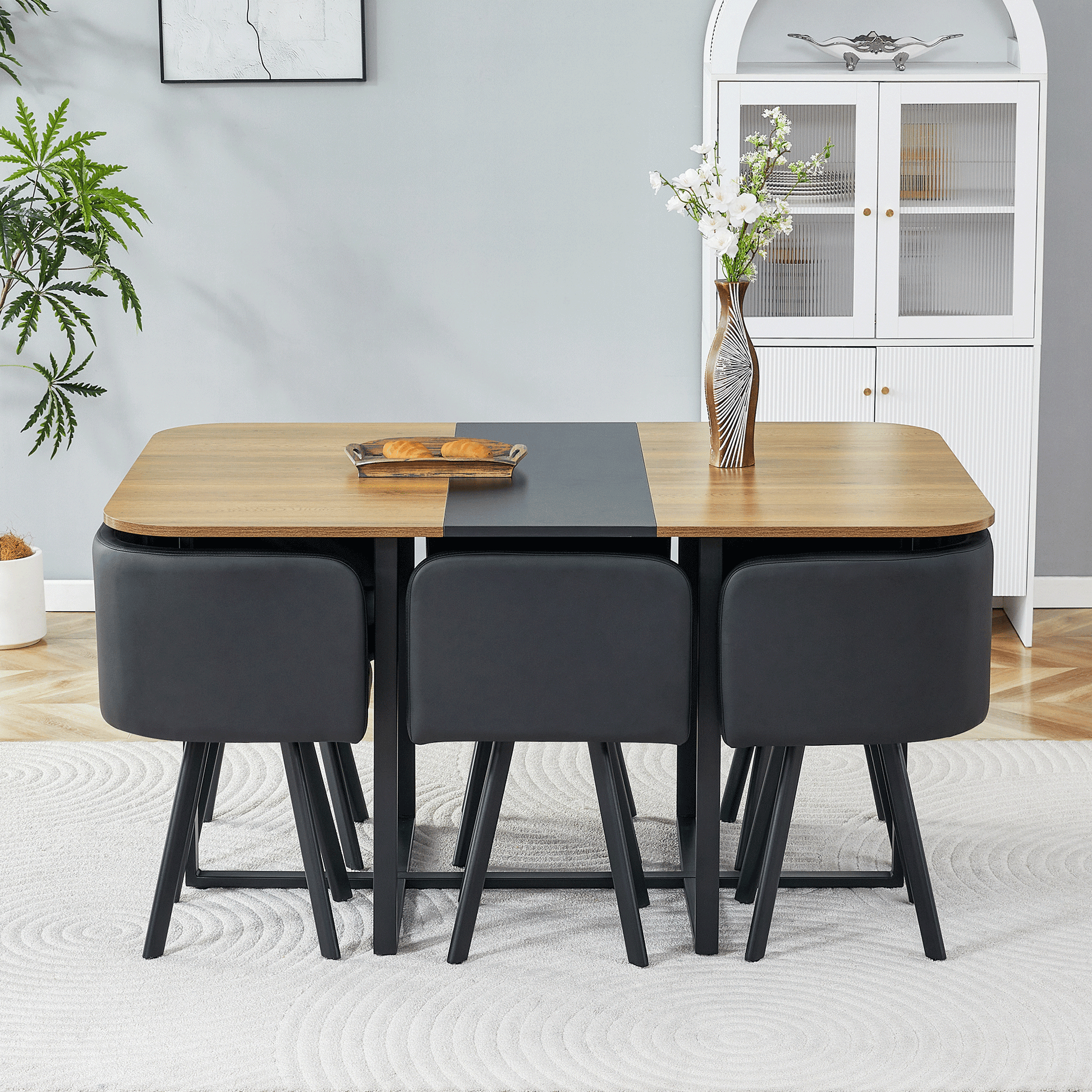 7-Piece Dining Table Set for 6, 1 Table & 6 Black PU Upholstered Chairs, Black & Wood Grain Melamine Table, Modern Kitchen Nook Set for Dining Room, Apartment & Small Space image 2