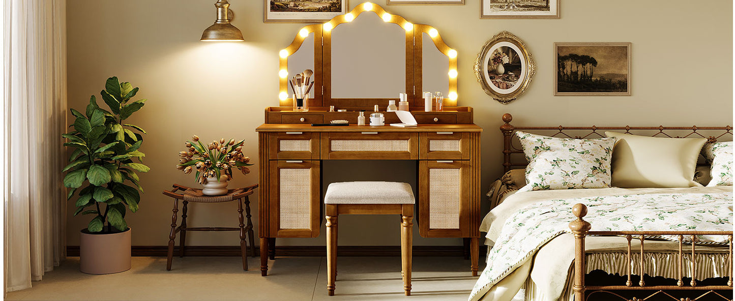 44.37" Makeup Vanity Desk with Stool Set, 13 Hollywood Bulbs & 3 Lighting Modes Dressing Table, Tri-Fold Mirror Large Vanity Table with Cushioned Stool, Charging Station, Ample Storage, Espresso image 12