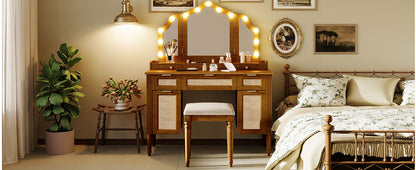 44.37" Makeup Vanity Desk with Stool Set, 13 Hollywood Bulbs & 3 Lighting Modes Dressing Table, Tri-Fold Mirror Large Vanity Table with Cushioned Stool, Charging Station, Ample Storage, Espresso image 12