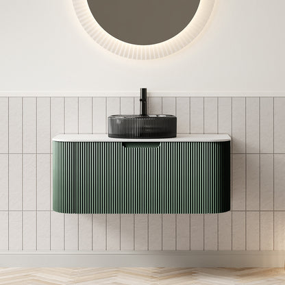 DINA 36" Bathroom Vanity&Sink,Floating Curved Edges Striped Storage Plywood Bathroom Cabinet with Drawer,Transparent Black Round Crystal Glass Basin&Sintered Stone Top,Pre-assembled,Dark Green Color image 1