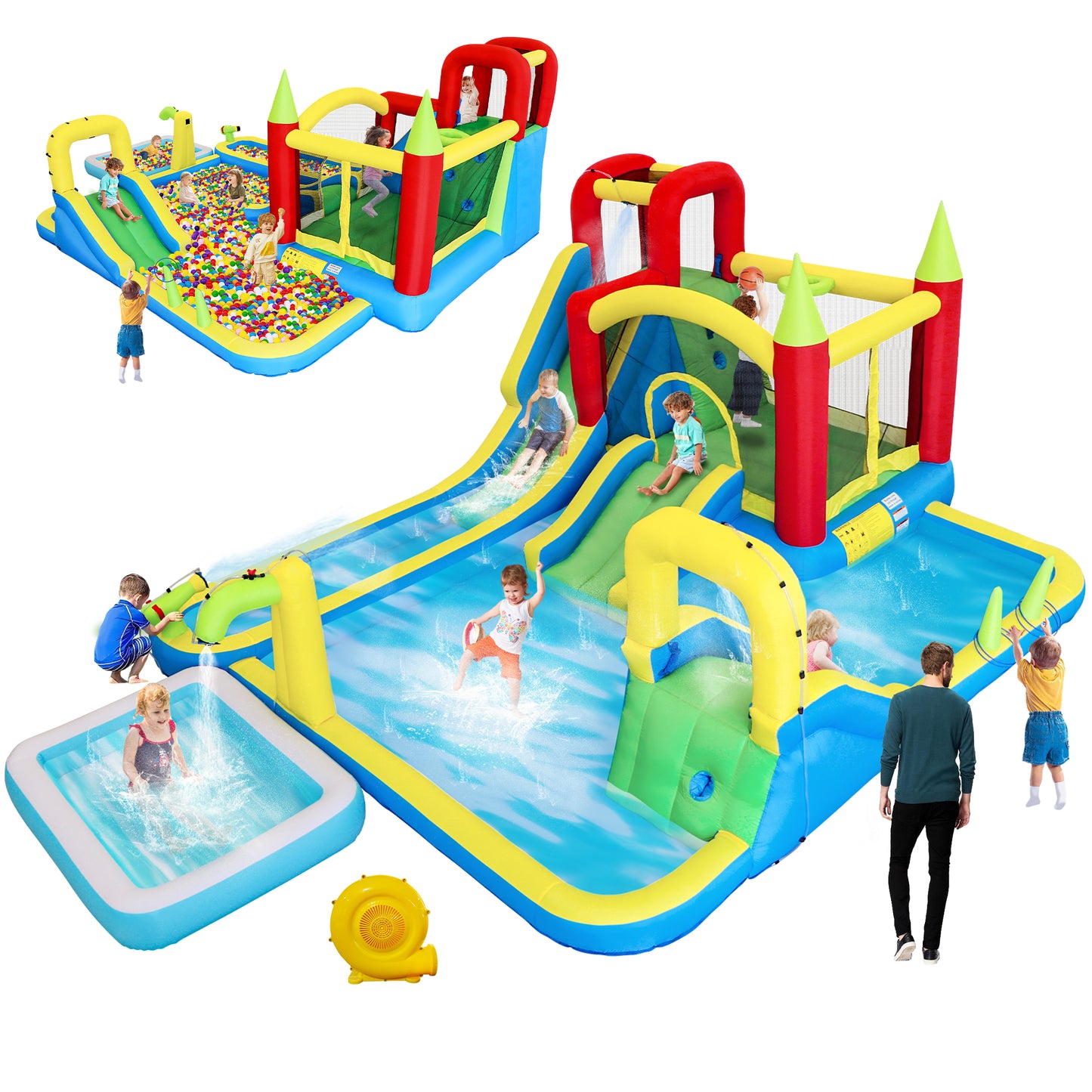 11 in1 Inflatable Slide Water Park Dry and Wet Slides Large Pool Water Gun Trampoline Climbing Wall Basketball Hoop and Ring Toss Game Outdoor Indoor Backyard Party Bounce Castle for Kids image 1