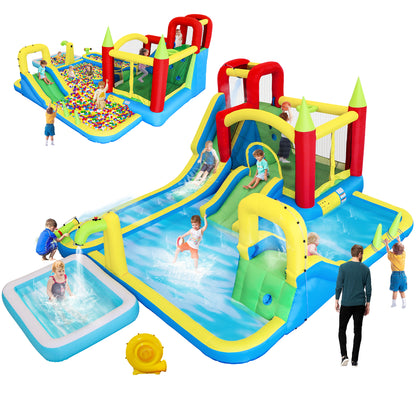 11 in1 Inflatable Slide Water Park Dry and Wet Slides Large Pool Water Gun Trampoline Climbing Wall Basketball Hoop and Ring Toss Game Outdoor Indoor Backyard Party Bounce Castle for Kids image 1