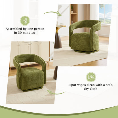 065-Chenille Fabric Swivel Accent Armchair, Comfy Barrel Leisure Chair With Curved Backrest, Upholstered Reading Chair With Black Swivel Base, 22-inch large seat depth and width, Green image 8