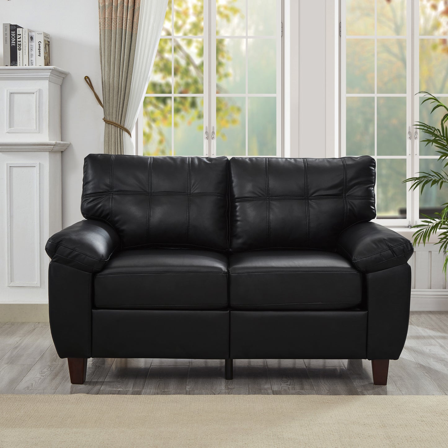 59" Loveseat Modern Design Faux Leather Couch,Living Room Sofa with Storage,Big Armrest Sofa,Upholstered Breathable PU Leather Sofa,Black image 2