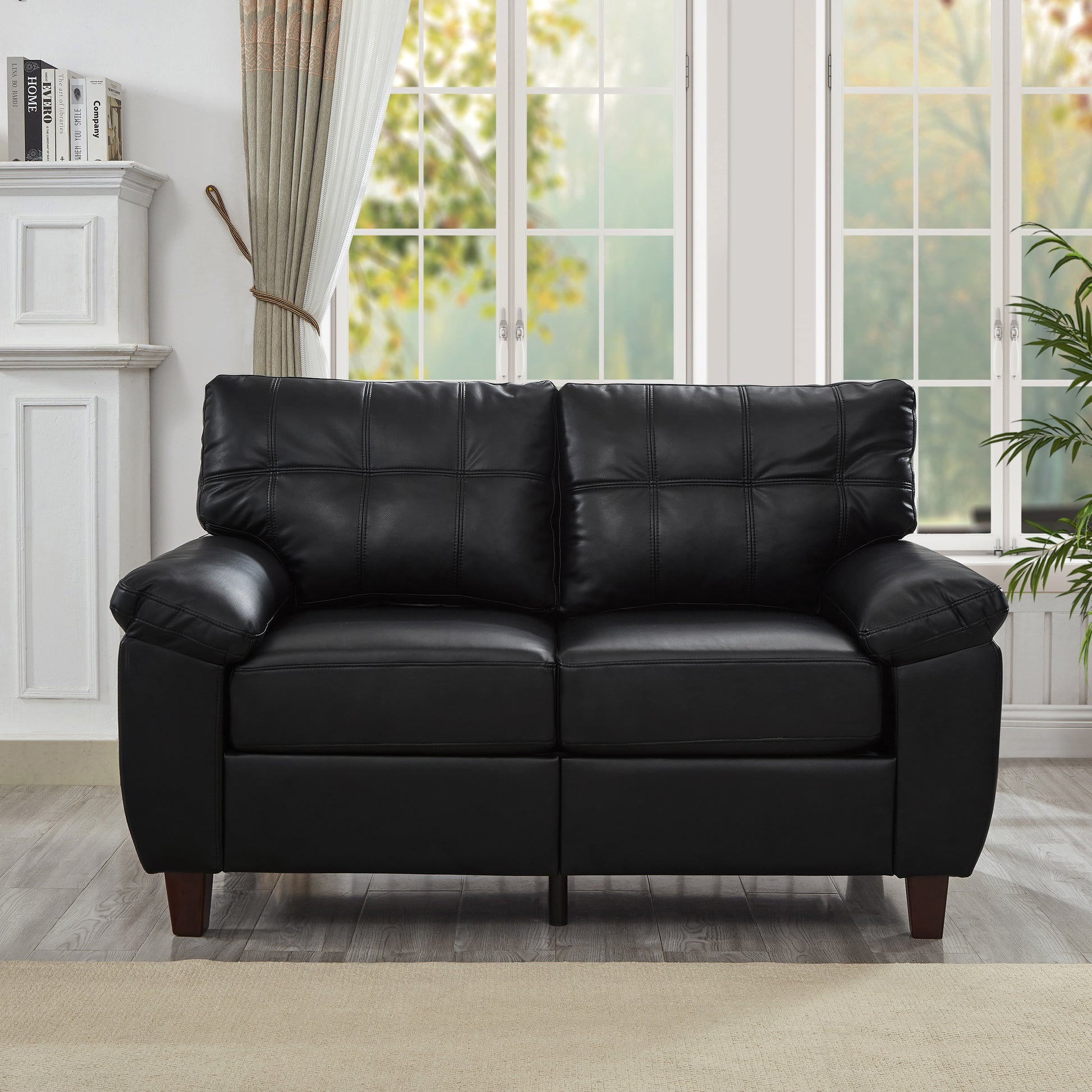 59" Loveseat Modern Design Faux Leather Couch,Living Room Sofa with Storage,Big Armrest Sofa,Upholstered Breathable PU Leather Sofa,Black image 2