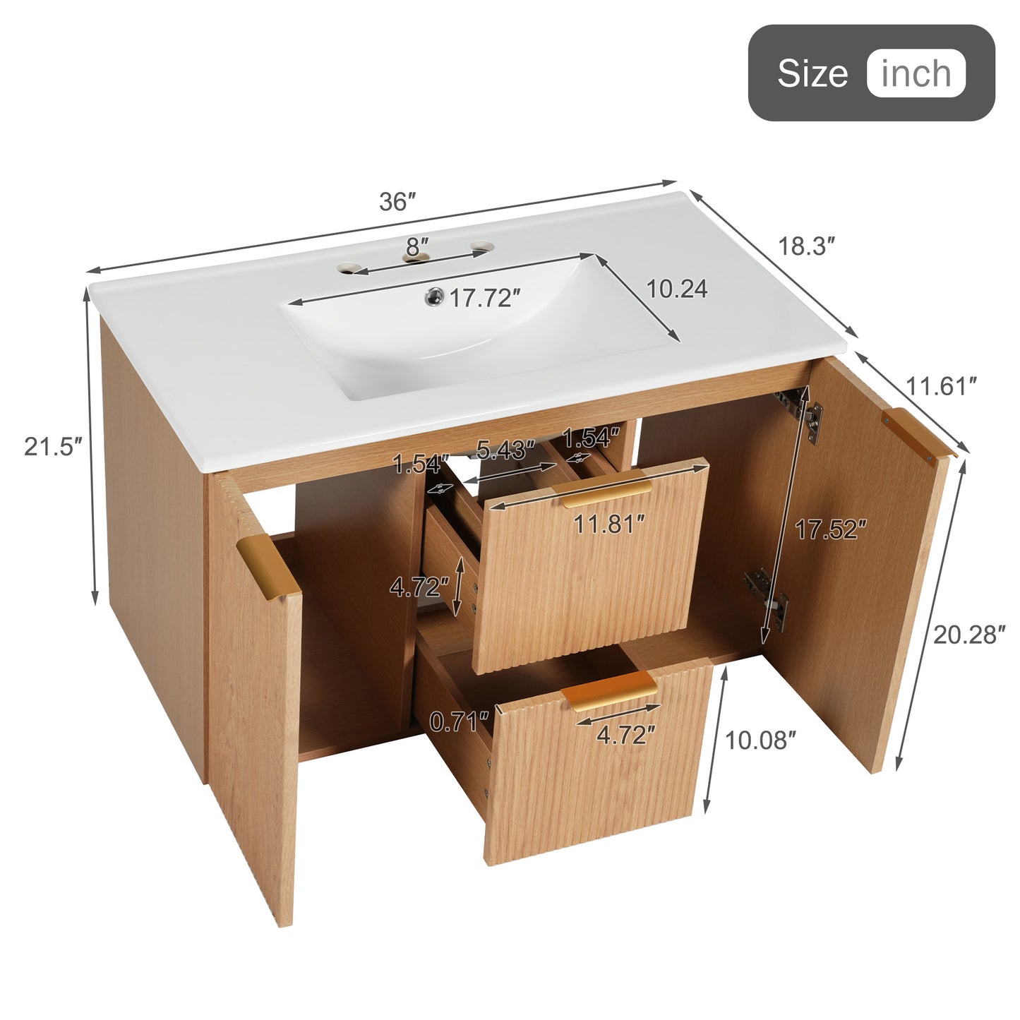 [Video]36 Inch Single Sink Bathroom Vanity with ceramic Top, MDF Cabinet, Soft Close Doors, Divided Drawers, Wall-Mounted Modern Storage Vanity image 9