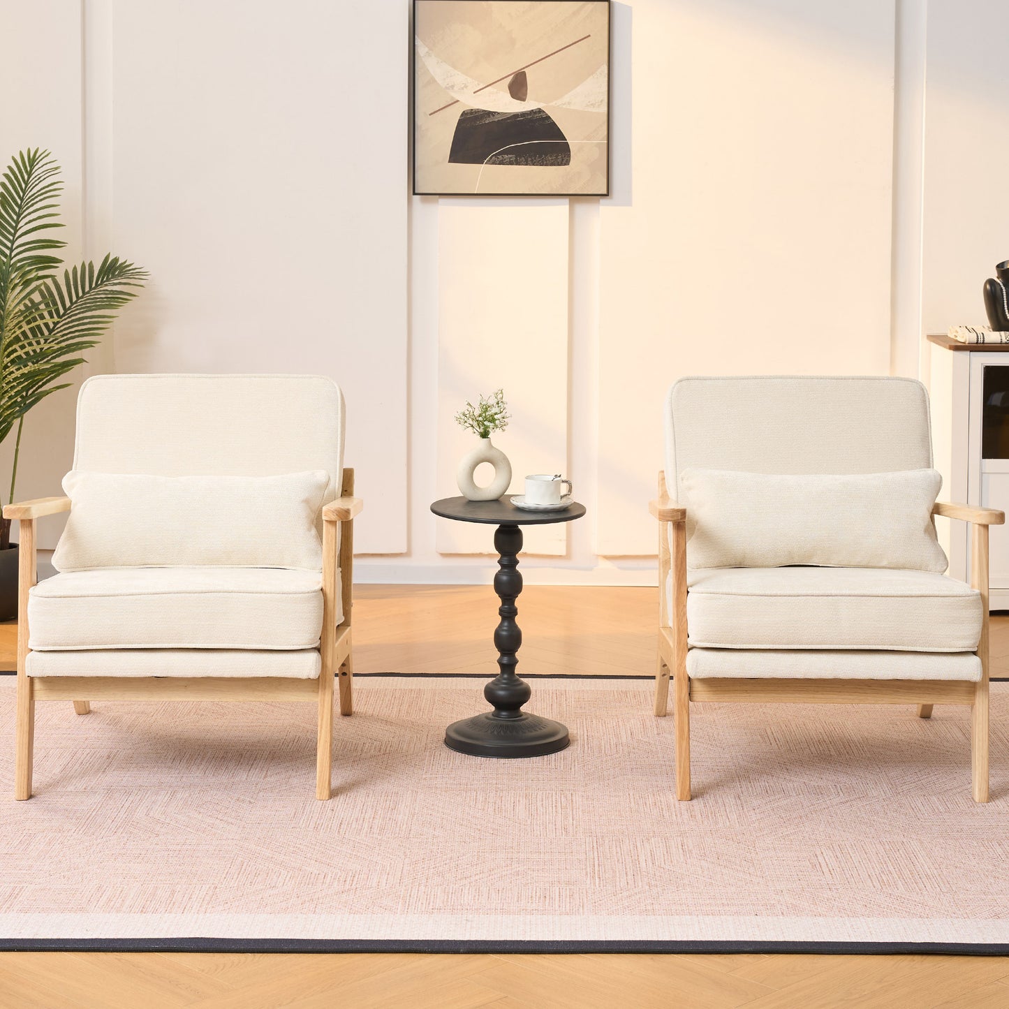 Mid-Century Modern Lounge Chair Single, Living Room Chair with Lumbar Pillow and Straight Wood Armrests, Accent Chair for Living Room, Bedroom, Indoor, Beige image 11