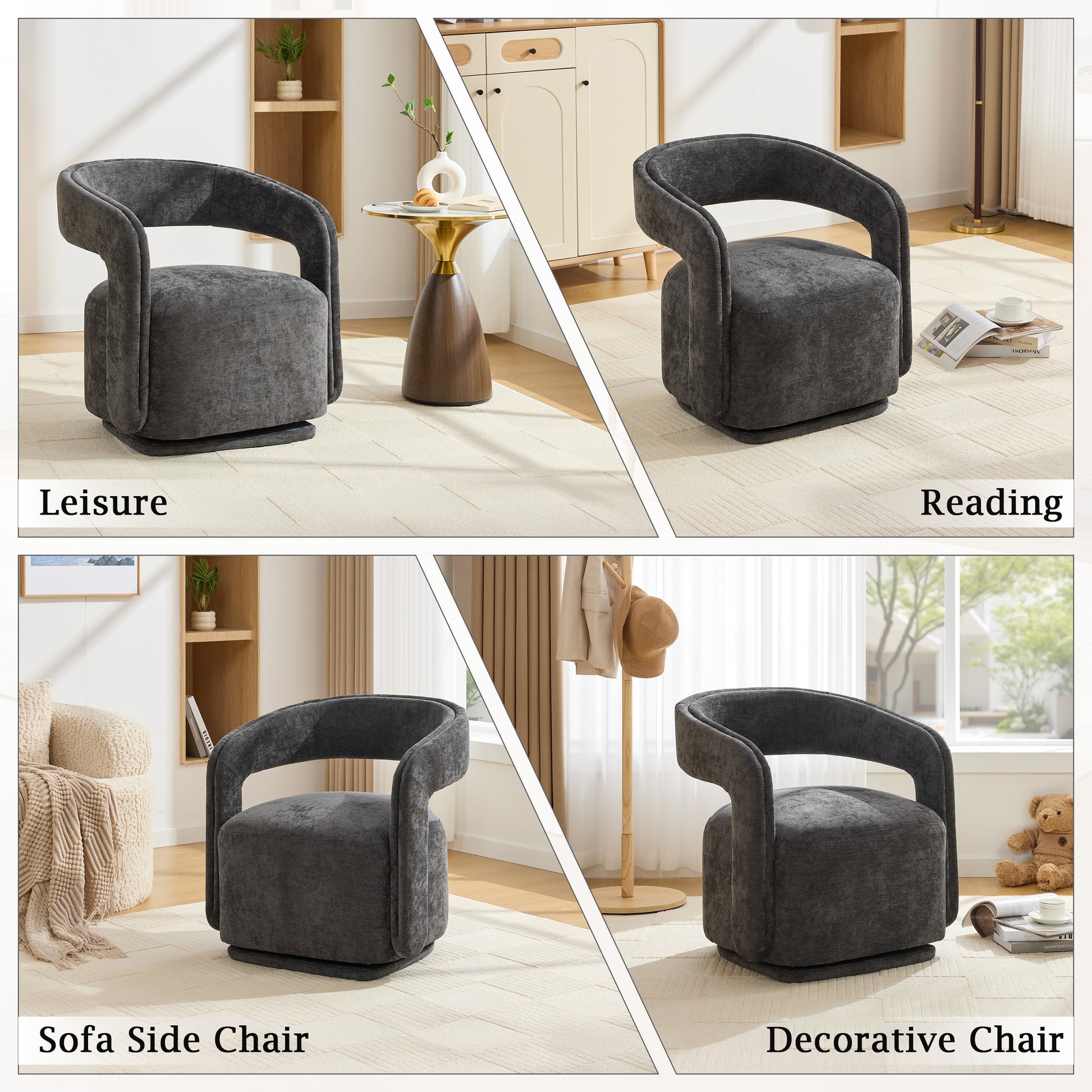 065-Chenille Fabric Swivel Accent Armchair, Comfy Barrel Leisure Chair With Curved Backrest, Upholstered Reading Chair With Black Swivel Base, 22-inch large seat depth and width, Dark Gray image 7