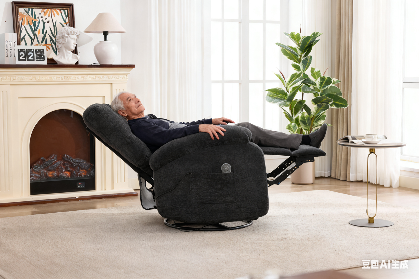 Hot massage manual lounge chair, with rocker arms and rotating fabric, with cup bucket, for living room, black image 7