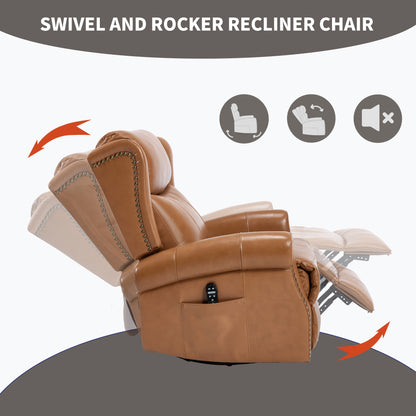 Heat Massage Manual Recliner Chair with Rocker and Swivel in Genuine leather for Living Room, Yellow image 11
