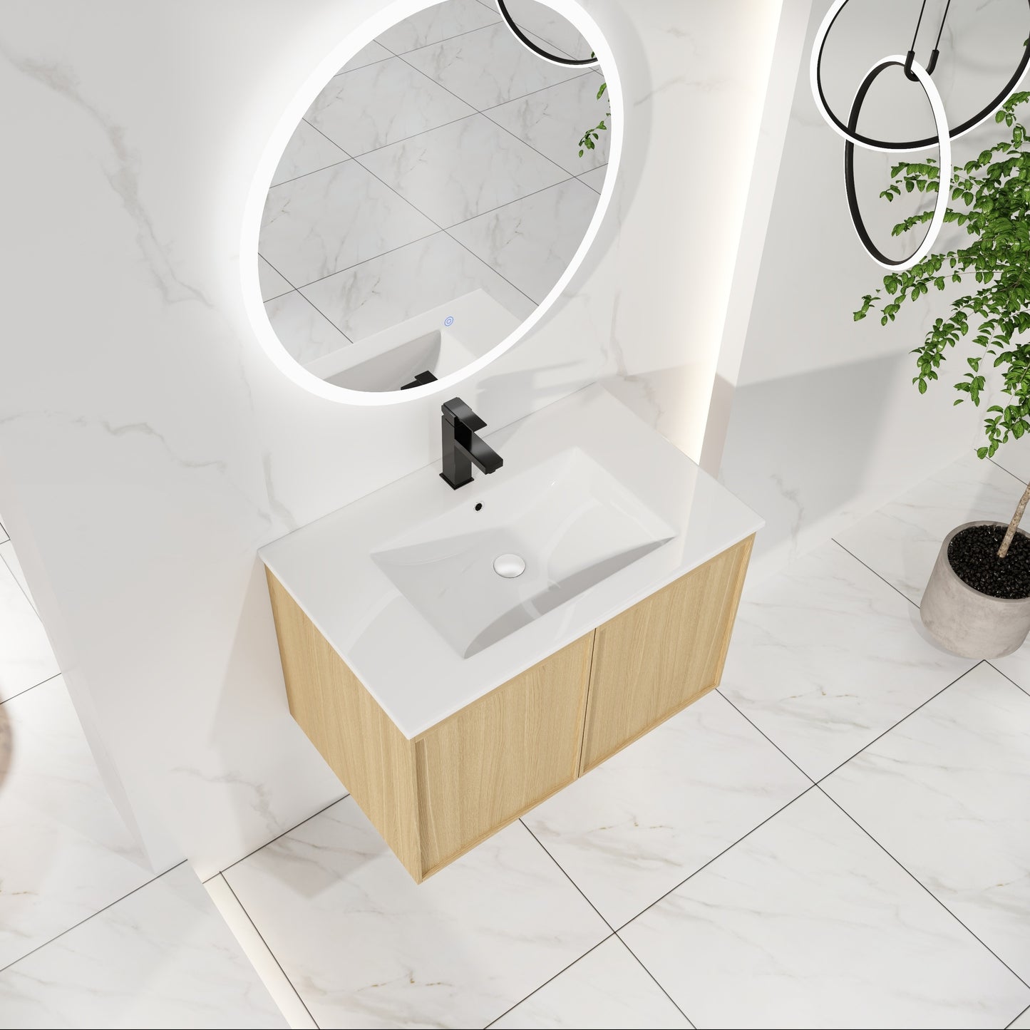 30" Floating Bathroom Vanity with Sink, Wall-Mounted Modern Light Oak Cabinet, Thin Edge Ceramic Basin, Soft-Close Doors, Spacious Storage, Easy Installation image 3