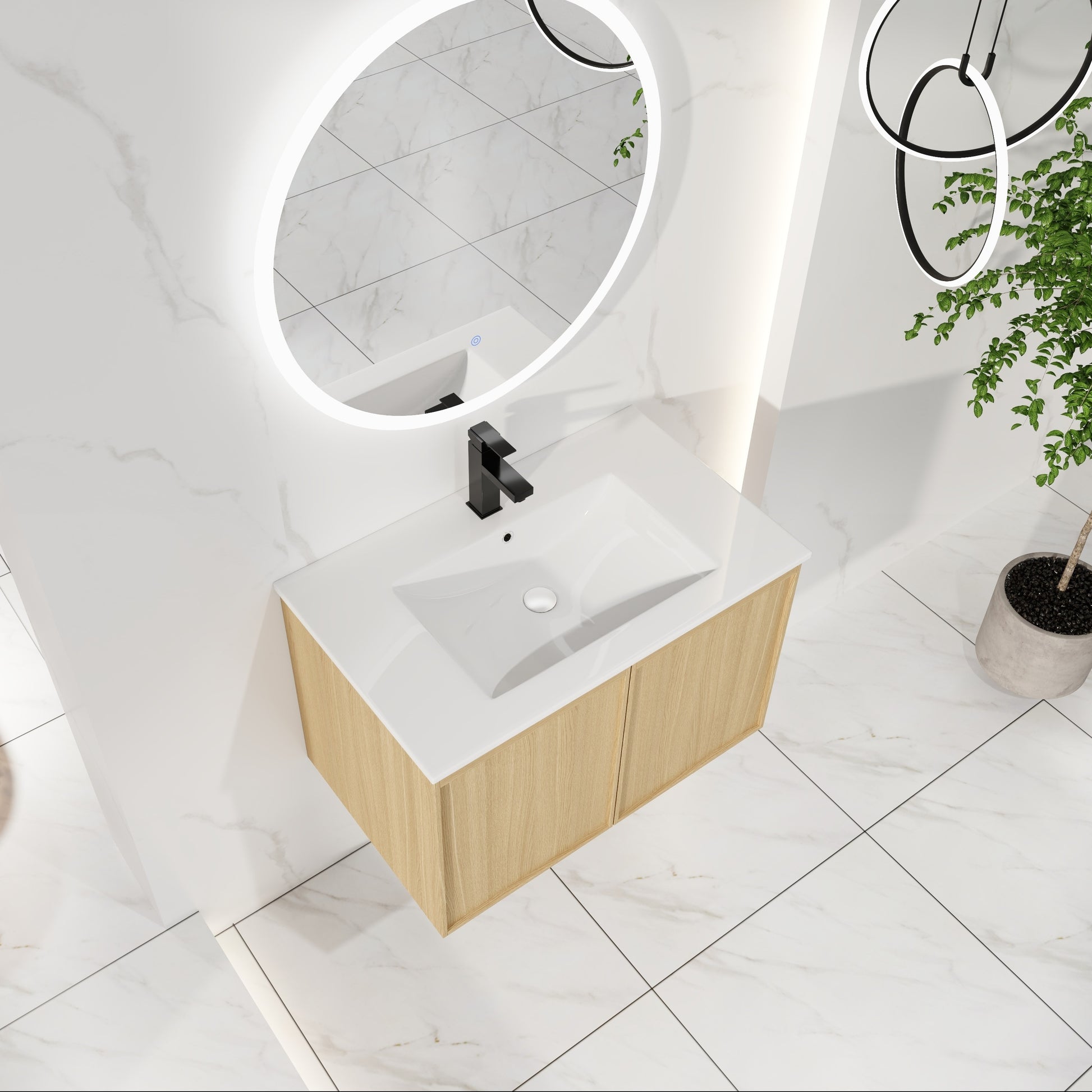 30" Floating Bathroom Vanity with Sink, Wall-Mounted Modern Light Oak Cabinet, Thin Edge Ceramic Basin, Soft-Close Doors, Spacious Storage, Easy Installation image 3