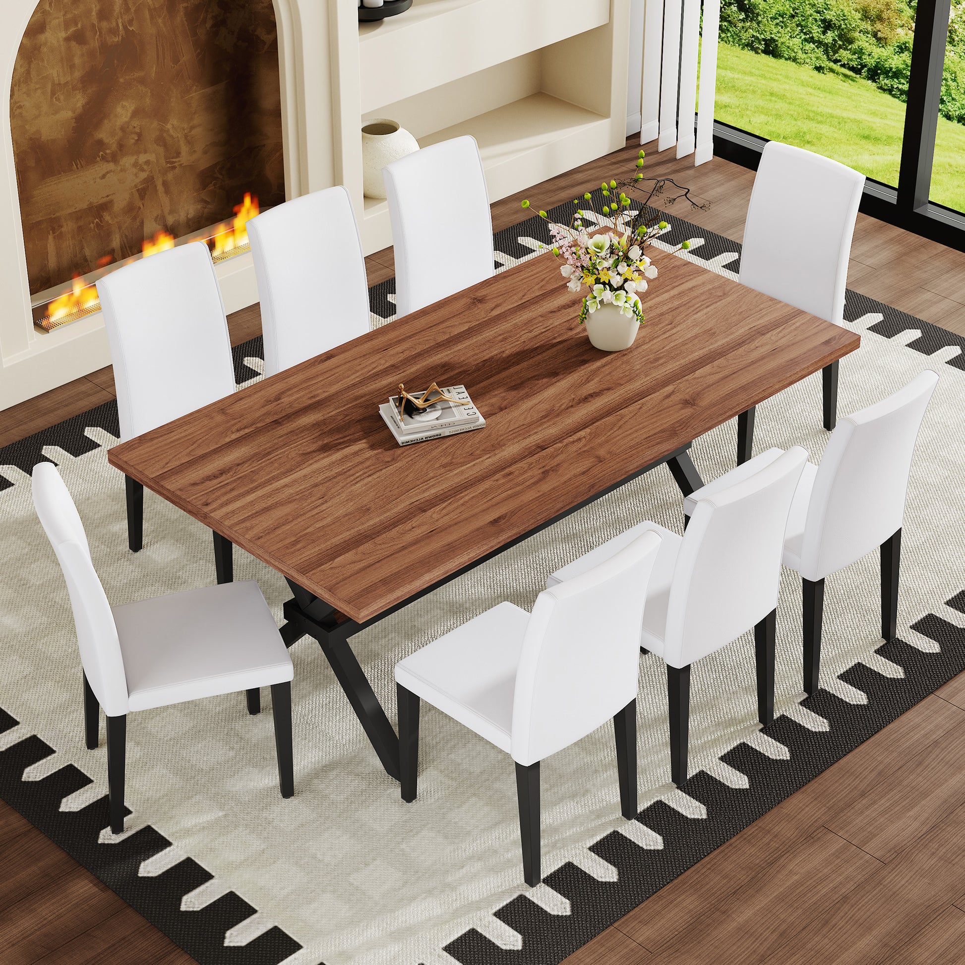 Table and chair set. 71 * 35.4 inch walnut MDF splicing desktop with X-shaped metal frame dining table.Includes 8 white PU dining chairs With Black Metal Legs.Making it an ideal choice for home. image 2