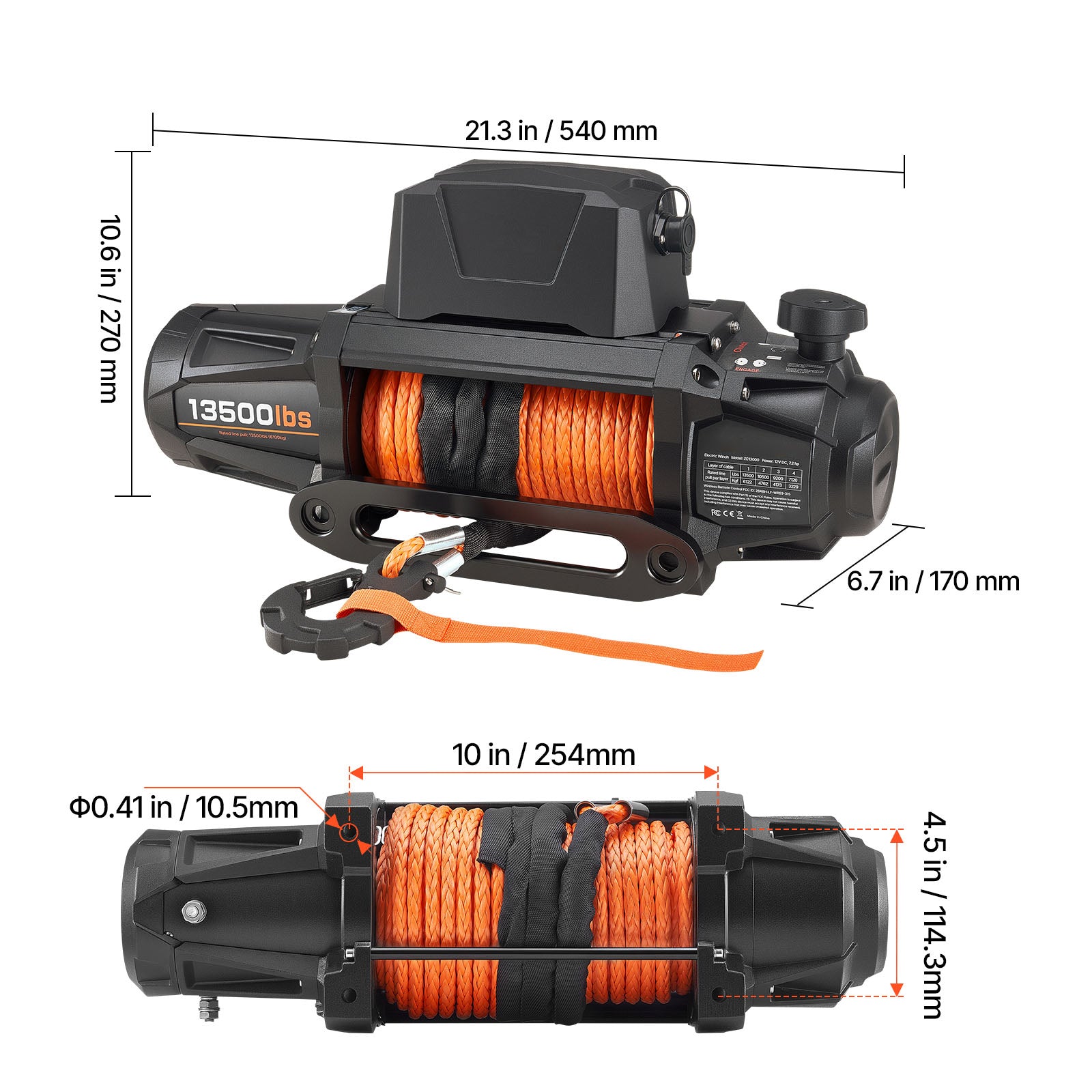 Electric Winch, 13500 lbs Load Capacity, 12V DC Truck Winch with 3/8 in x 92 ft Synthetic Rope, Wireless & Wired Remote Control, IP67 Waterproof for Towing Off-Road SUV, Jeep, Trailer, Boat image 7