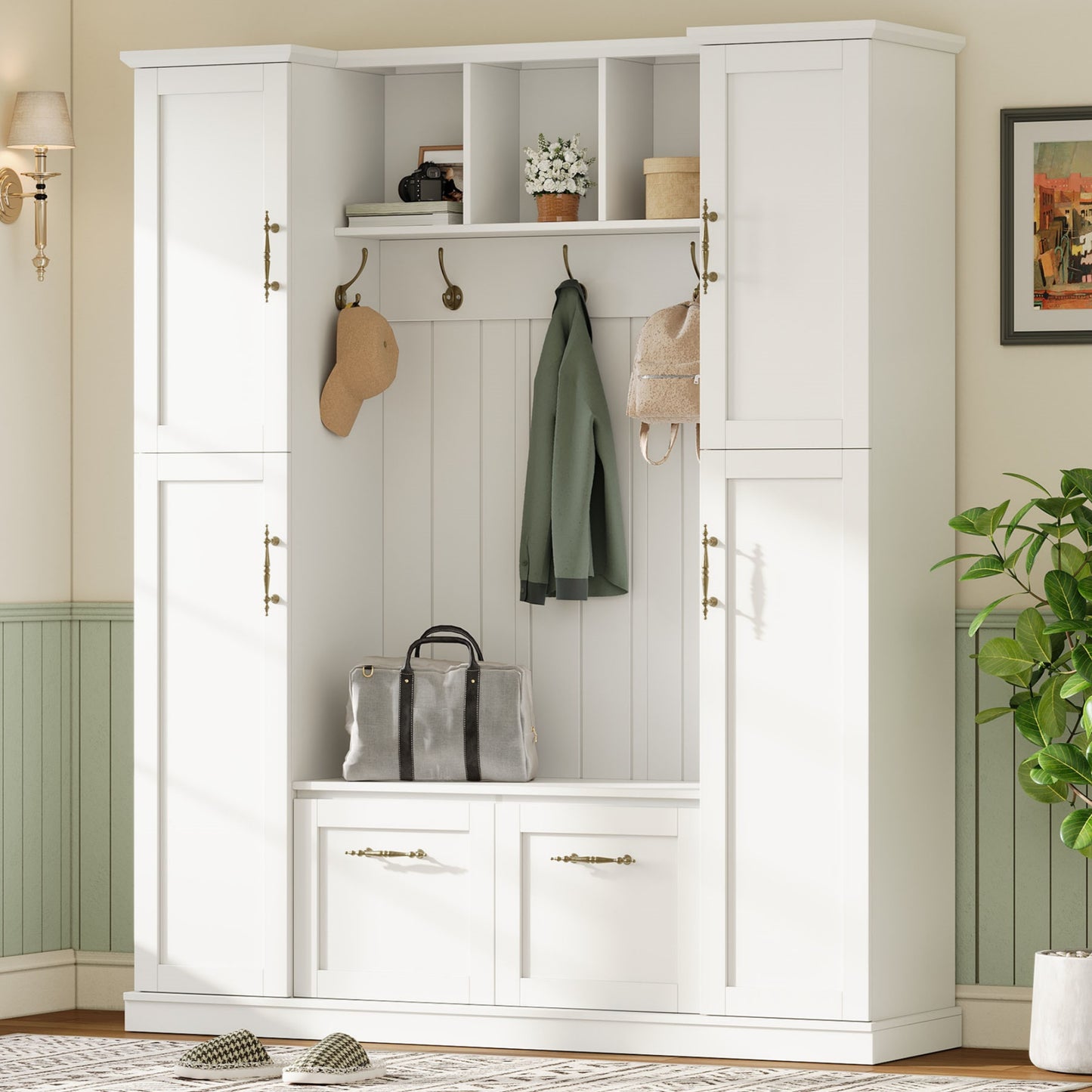 ON-TREND Farmhouse Elegant Hall Tree with 4 Side Cabinets, All-in-One Mudroom Furniture with Adjustable Shelves & Open Cubbies, Beadboard Entryway Bench with Coat Rack & 5 Hooks for Hallway, White image 1