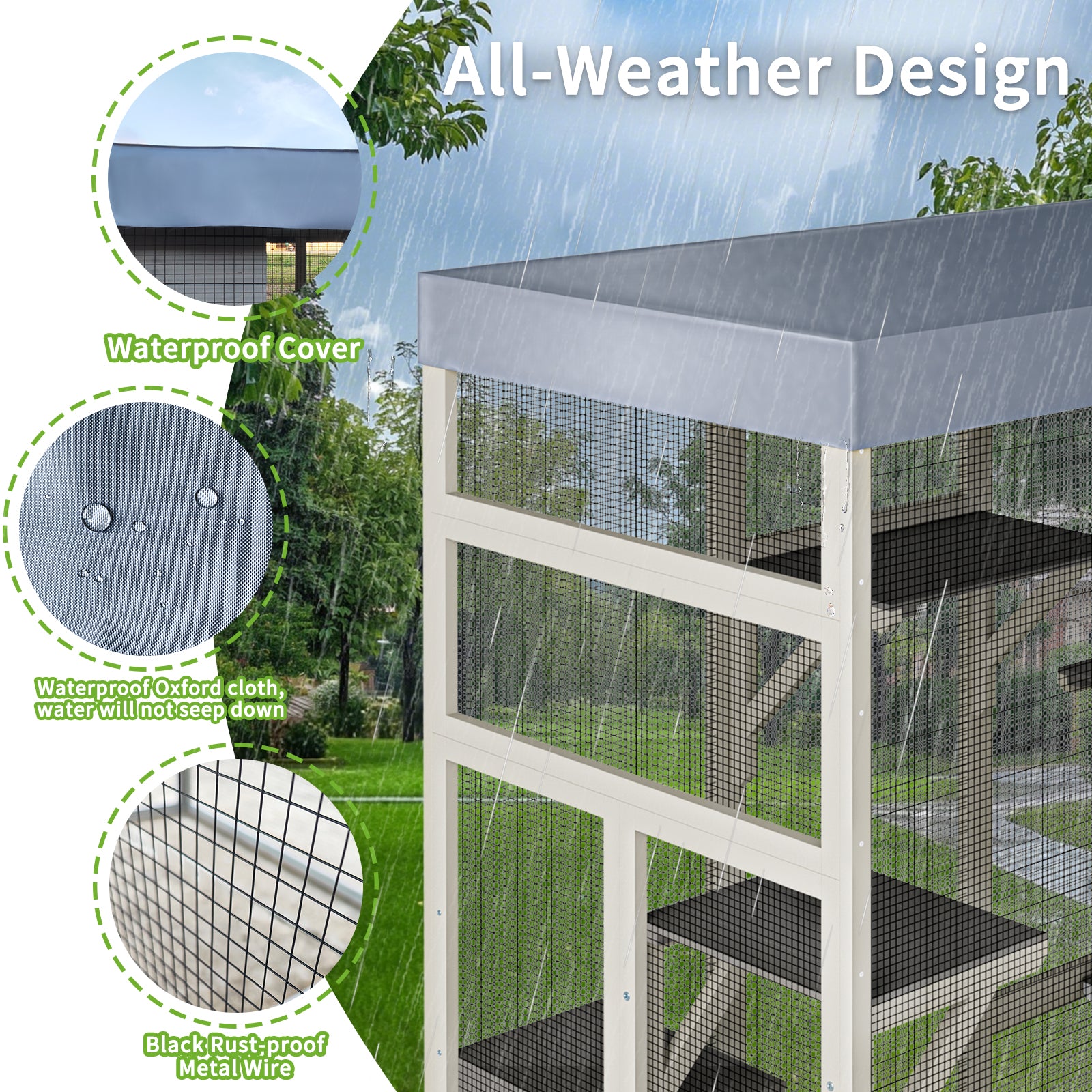 62.6" Wooden Catio for Cats, Large Cat Enclosure with Waterproof cover, 2 Napping House, Platforms & Galvanized Metal Wire – Secure Pet Cage Shelter image 7