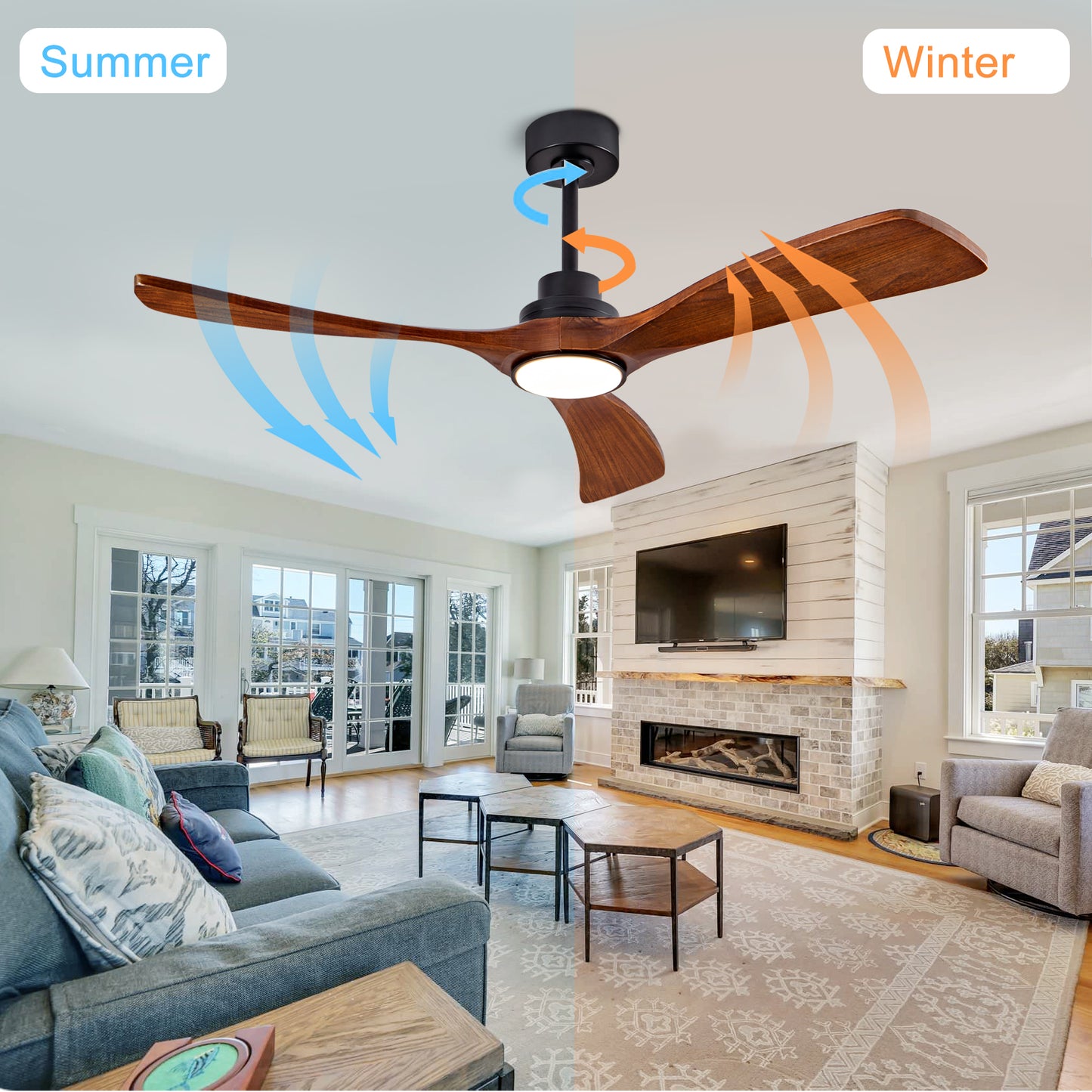 52" indoor Ceiling Fan with Light,3 Walnut Solid Wood Blade, Remote Control,3 CCT Dimmable LED, Timer, 6-Speed Reversible Motor Use for Living Room or Patio image 3