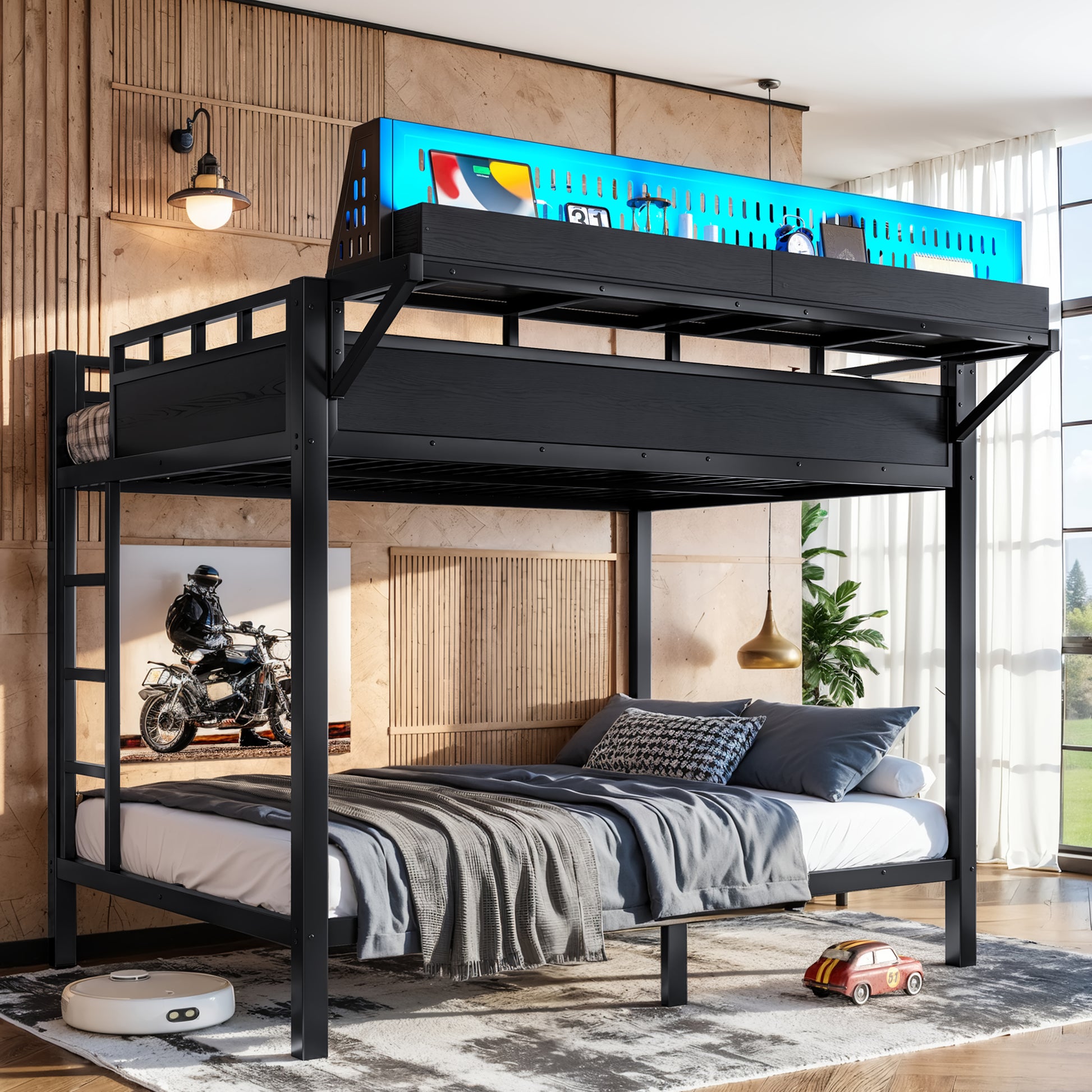 Full over Full Size Metal Bunk Bed with Storage Shelves and Pegboard, Bunk Bed Frame with USB Ports and LED Lights, Space-Saving, for Teens and Adults, Black image 2
